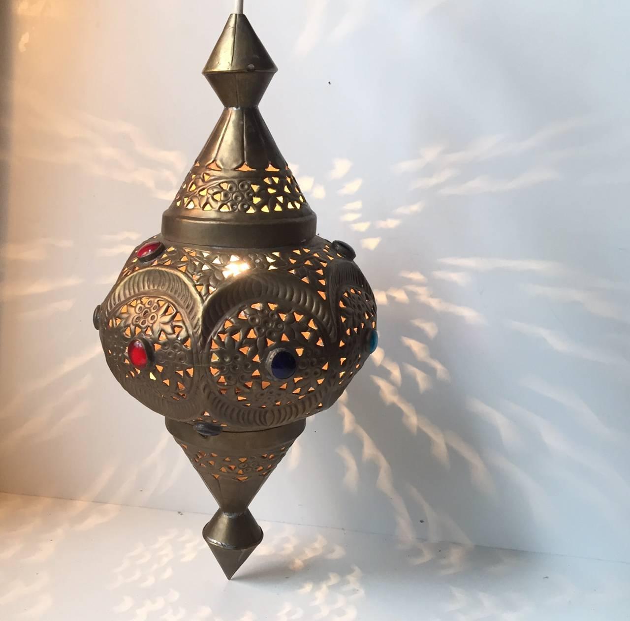 Vintage Moroccan Bejeweled 'Shehrazad' Brass Ceiling Light, Marrakech, 1970s In Good Condition In Esbjerg, DK