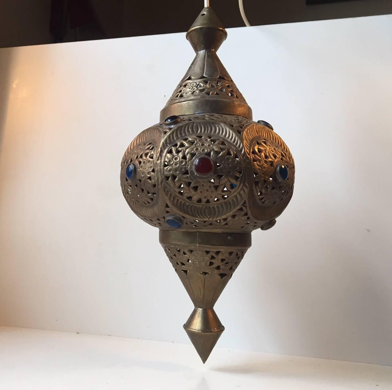 Vintage Moroccan Bejeweled 'Shehrazad' Brass Ceiling Light, Marrakech, 1970s 1