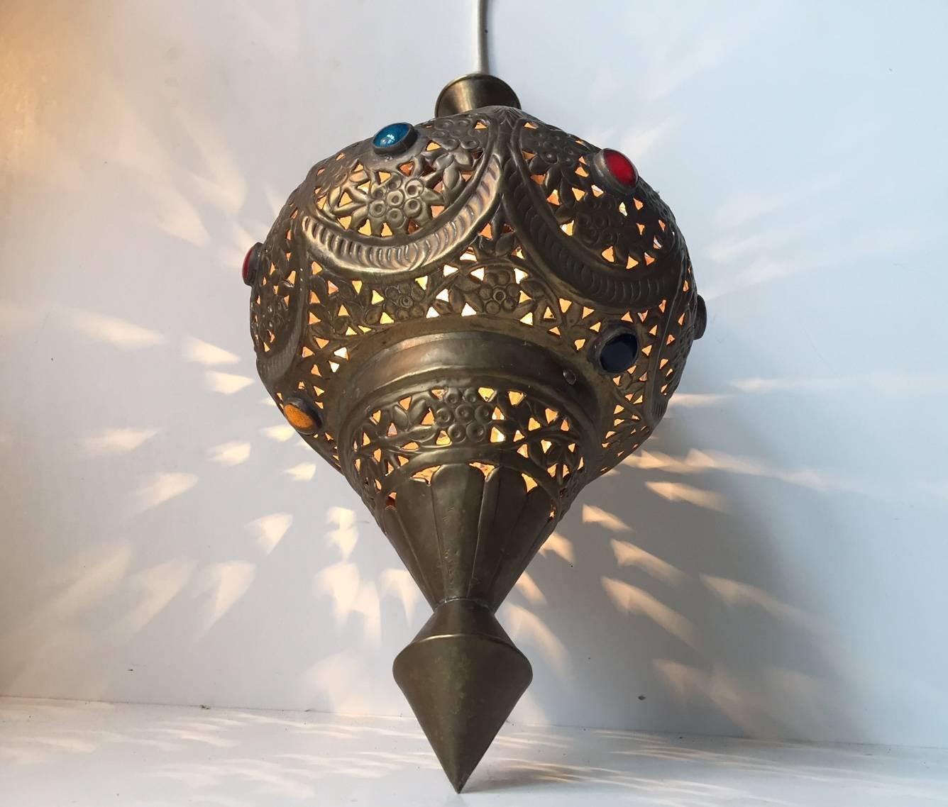 Vintage Moroccan Bejeweled 'Shehrazad' Brass Ceiling Light, Marrakech, 1970s 2