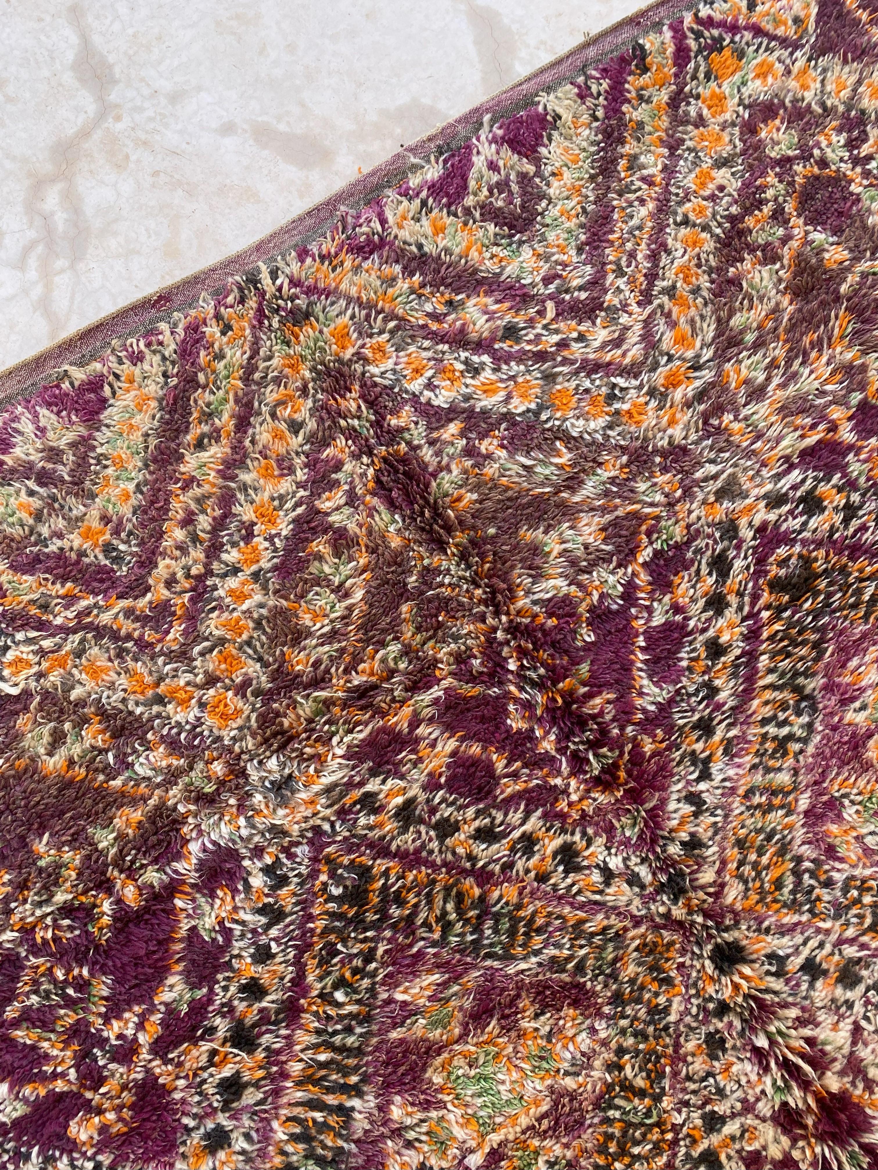 Wool Vintage Moroccan Beni Mguild rug - Purple/orange - 6.9x13feet / 210x398cm For Sale