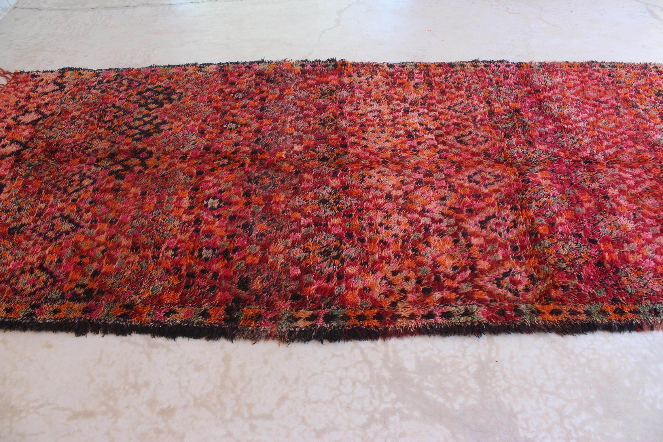 Hand-Woven Vintage Moroccan Beni Mguild rug - Red - 6.5x14.3feet / 200x437cm For Sale
