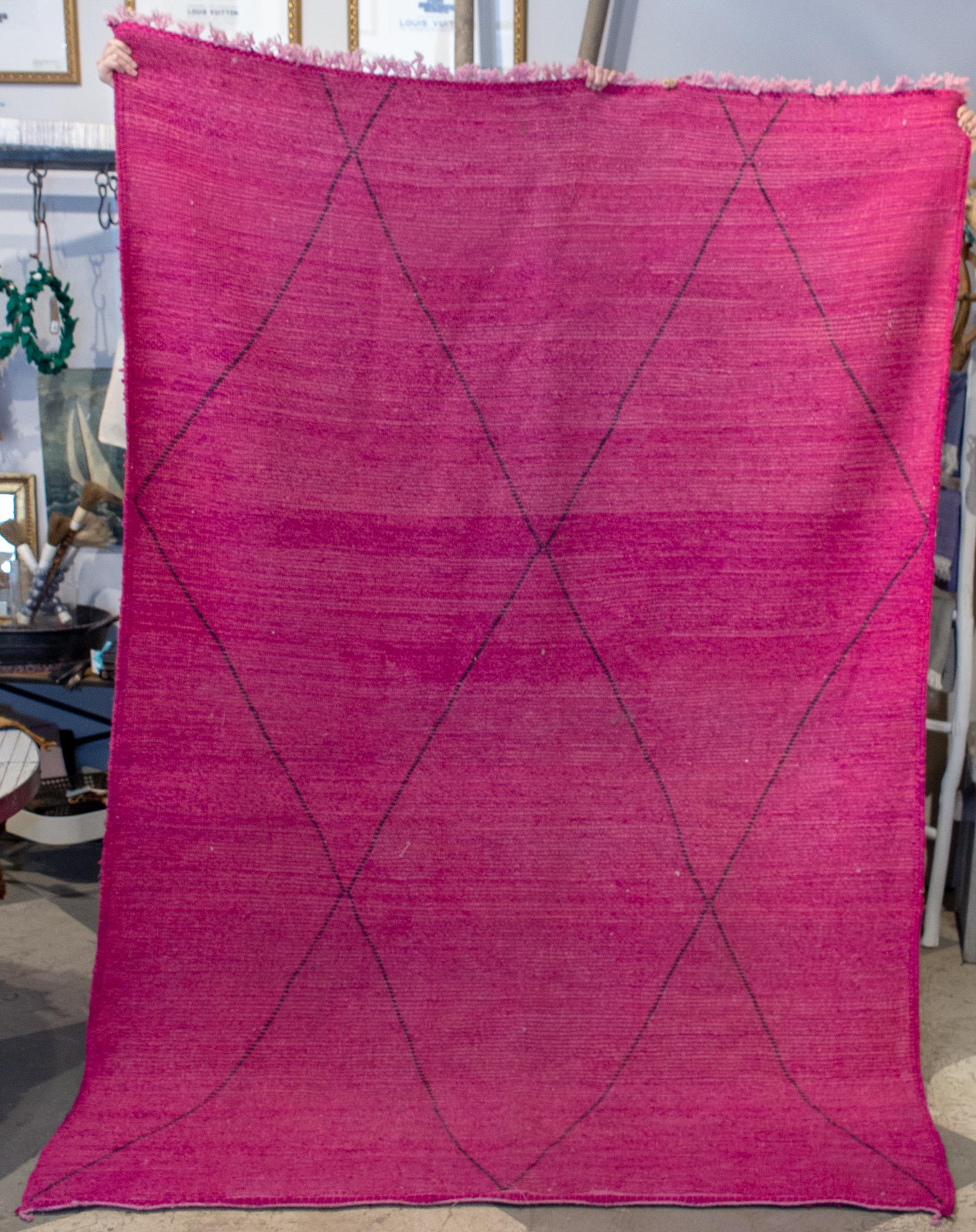 Moroccan Beni Ourain Double Sided Wool Rug in Hot Pink and Black In Good Condition In Houston, TX