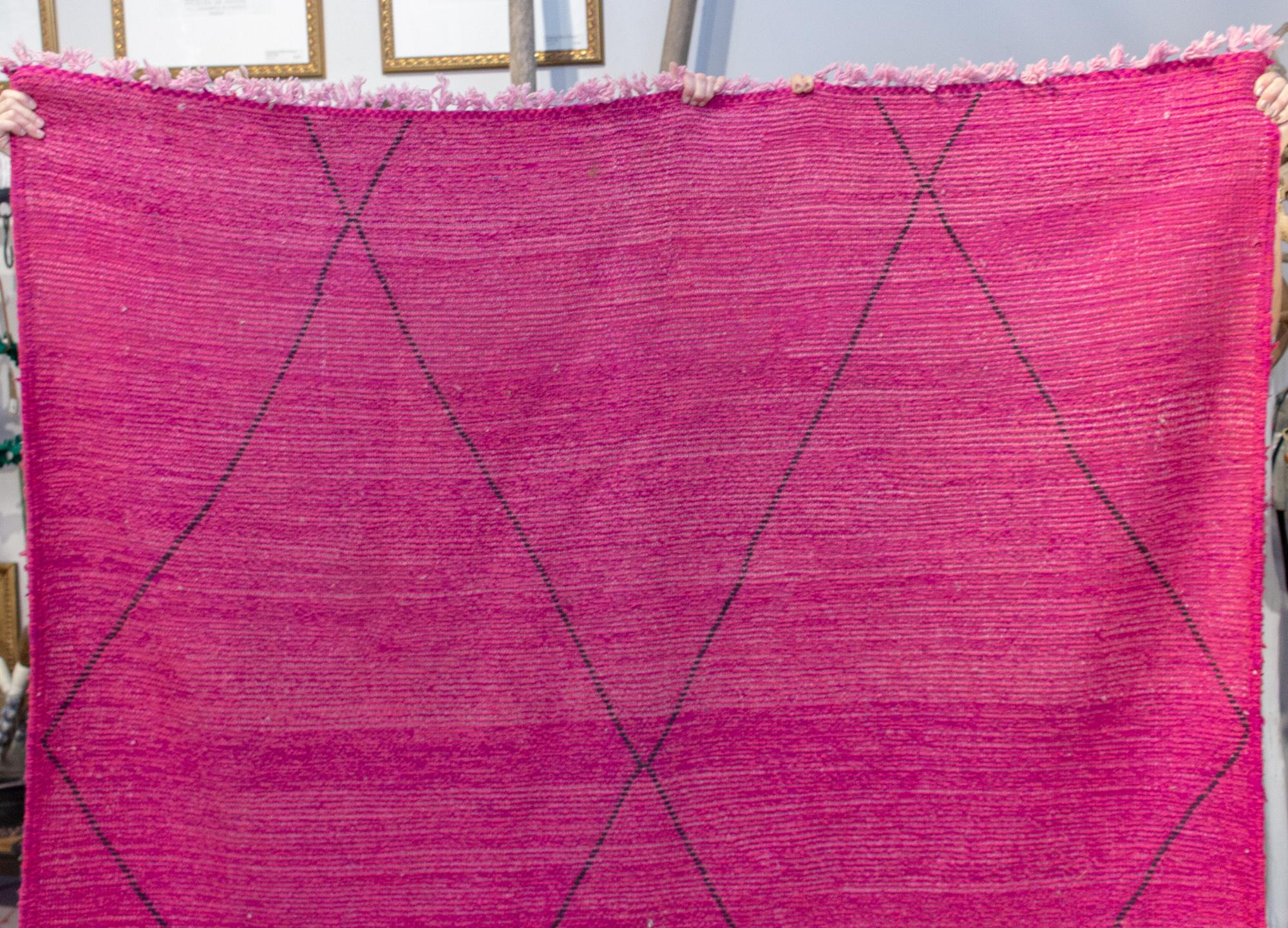 Contemporary Moroccan Beni Ourain Double Sided Wool Rug in Hot Pink and Black