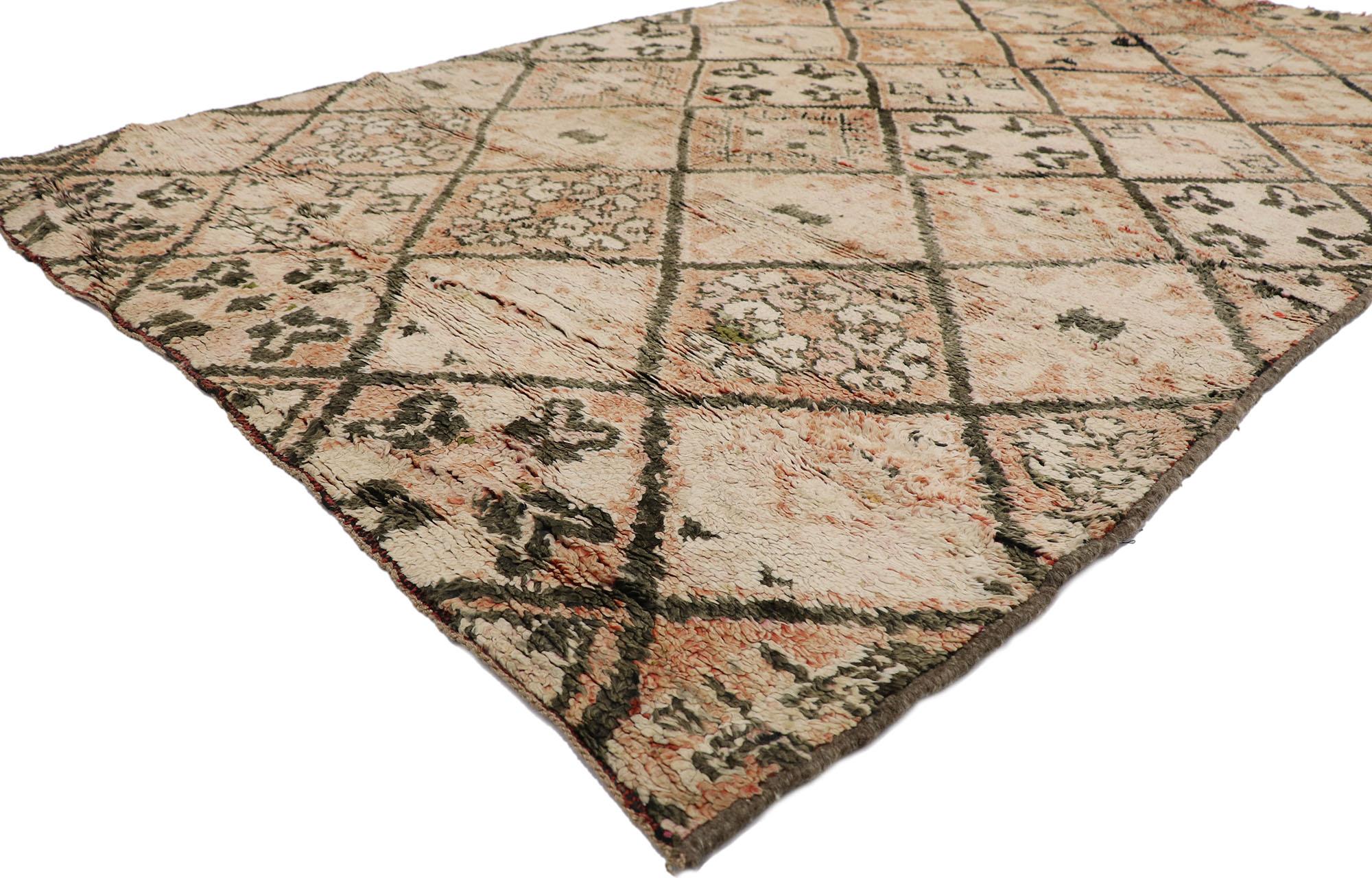 21340 Vintage Moroccan Beni Ourain rug, 05'07 x 09'02?.? Emanating nomadic charm with incredible detail and texture, this hand knotted wool vintage Beni Ourain Moroccan rug is a captivating vision of woven beauty. The eye-catching diamond trellis
