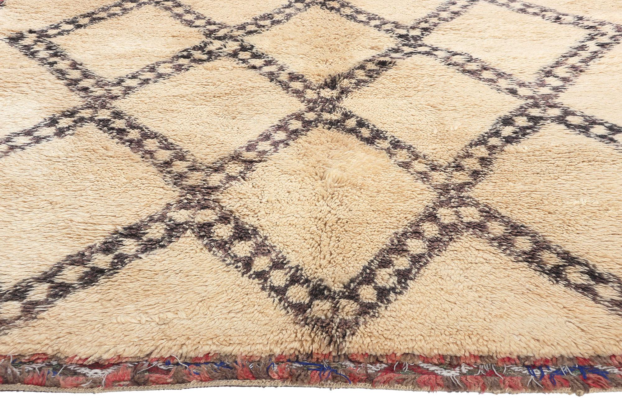 Hand-Knotted Vintage Moroccan Beni Ourain Rug, Cozy Nomad Meets Midcentury Modern Style For Sale