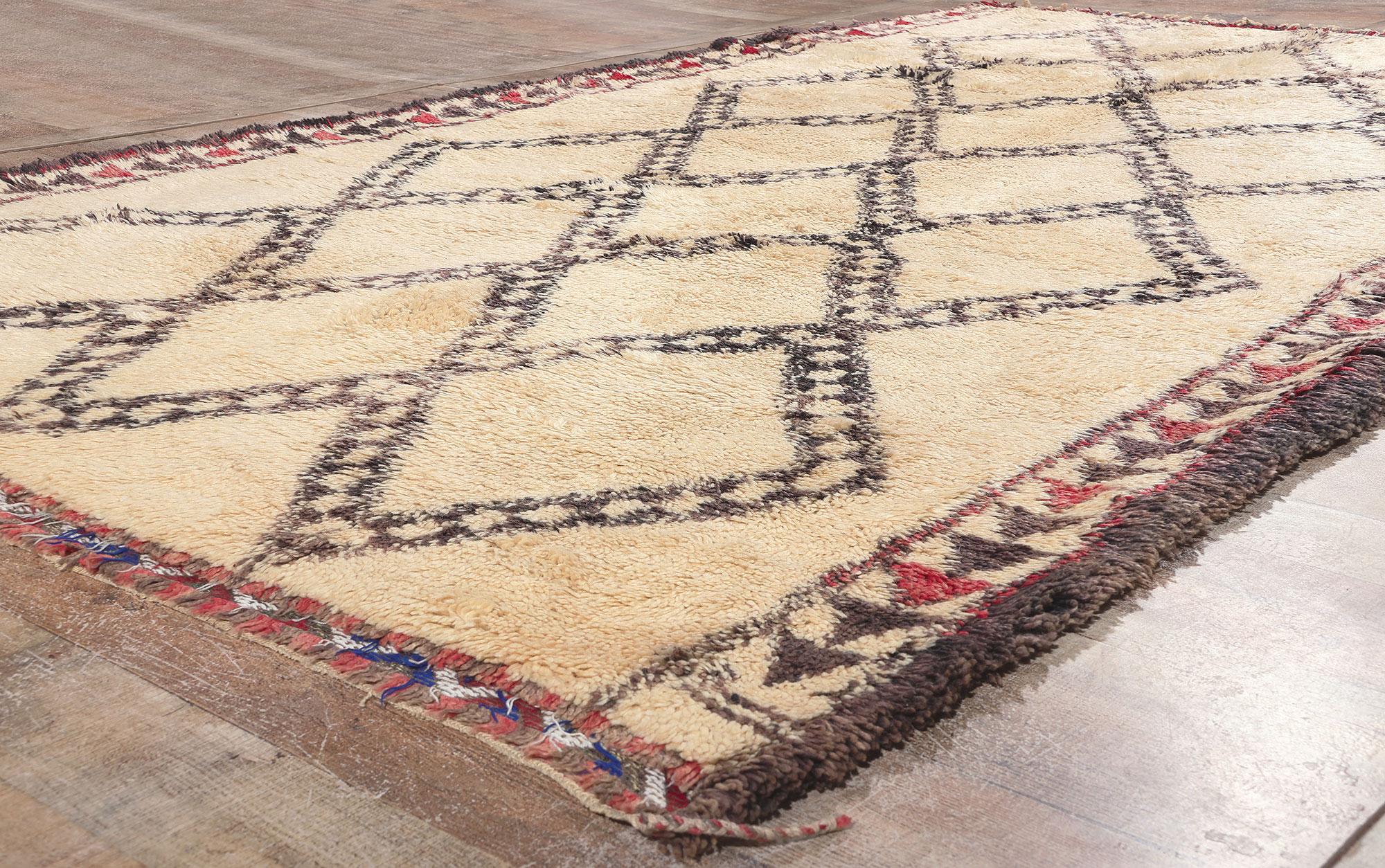 Wool Vintage Moroccan Beni Ourain Rug, Cozy Nomad Meets Midcentury Modern Style For Sale