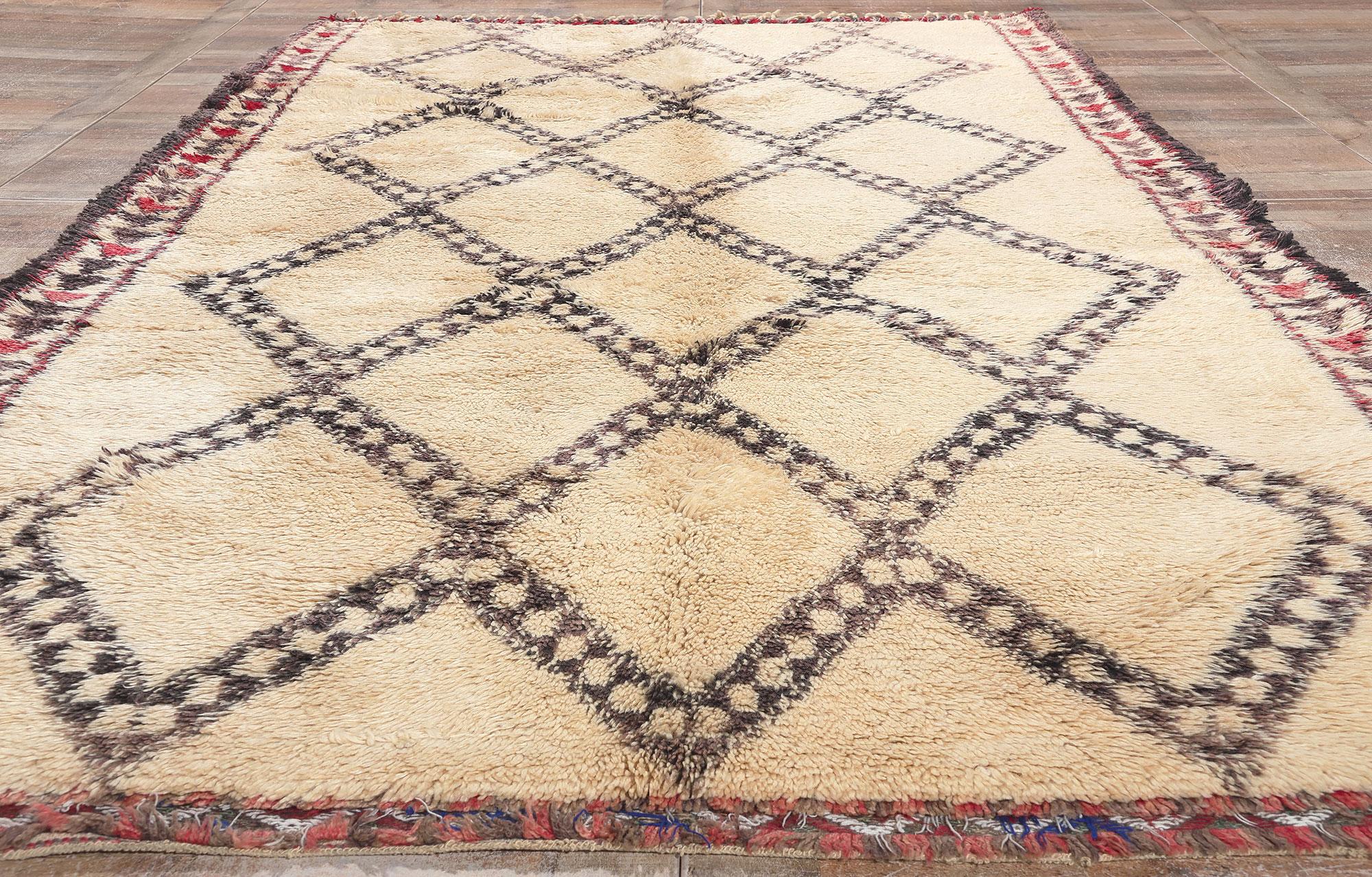 Vintage Moroccan Beni Ourain Rug, Cozy Nomad Meets Midcentury Modern Style For Sale 1
