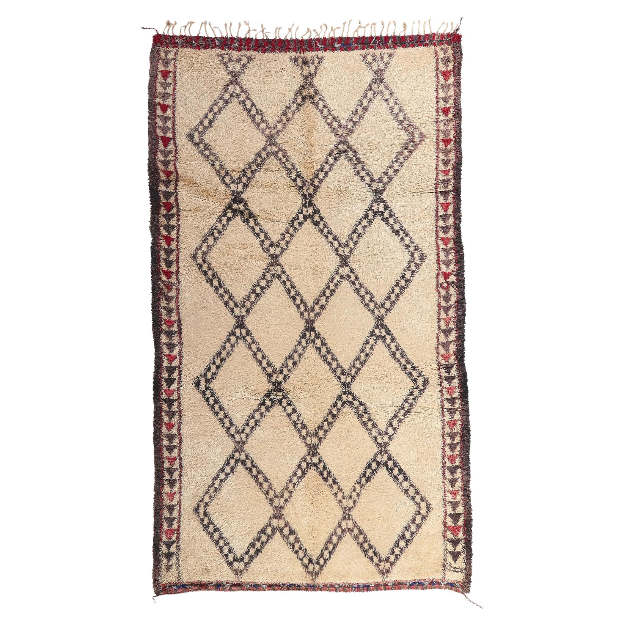 Vintage Moroccan Beni Ourain Rug, Cozy Nomad Meets Midcentury Modern Style For Sale