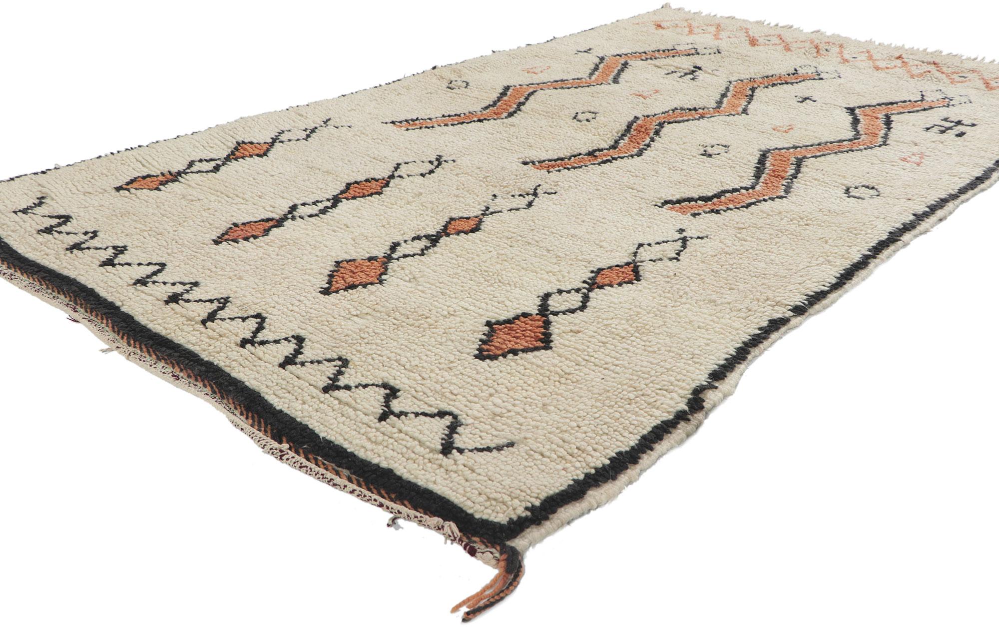 78401 Vintage Moroccan Beni Ourain rug, 03'09 x 07'00. With its nomadic charm, plush pile, incredible detail and texture, this hand knotted wool vintage Beni Ourain Moroccan rug is a captivating vision of woven beauty. The eye-catching tribal