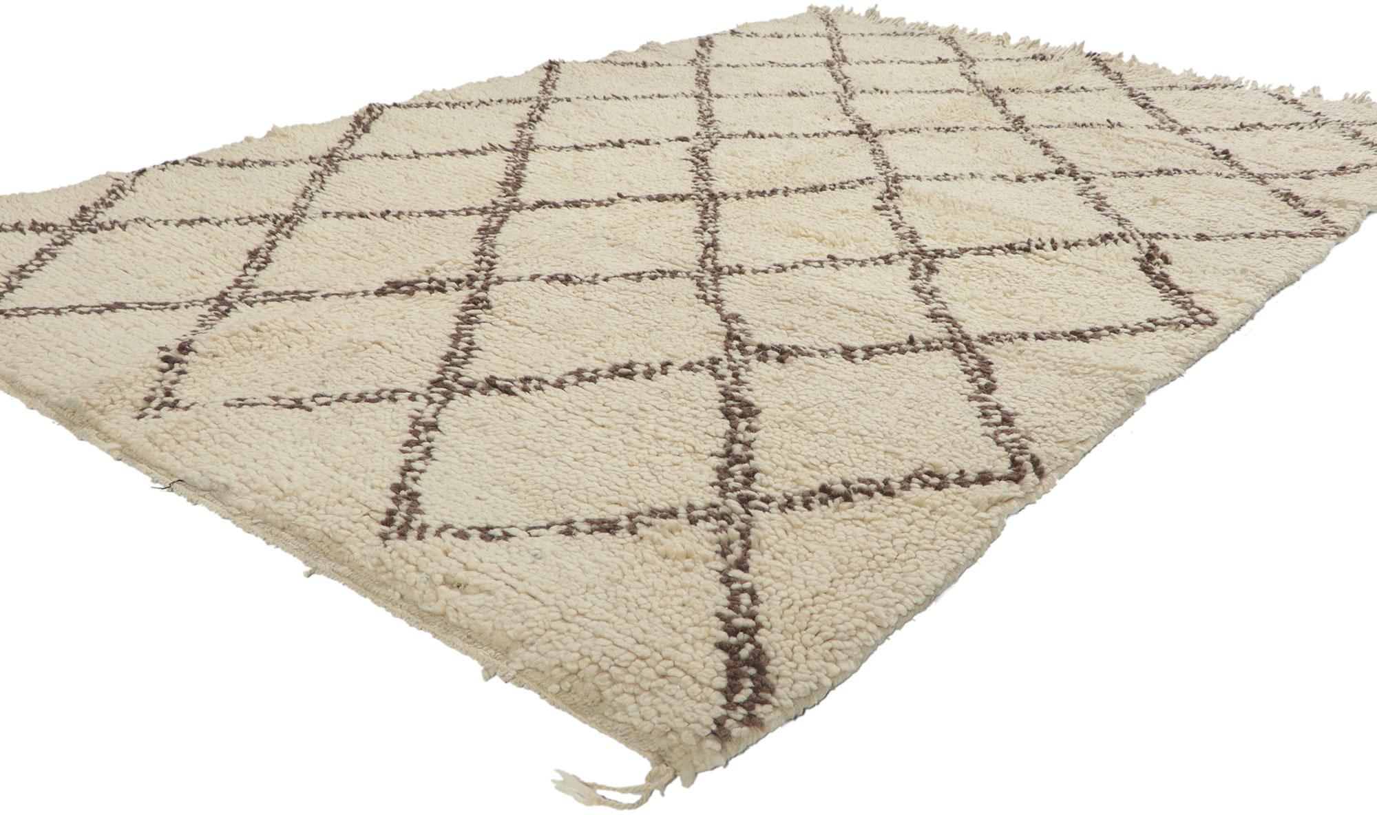 78400 Vintage Moroccan Beni Ourain rug, 04'07 x 06'09. With its simplicity, plush pile, incredible detail and texture, this hand knotted wool vintage Beni Ourain Moroccan rug is a captivating vision of woven beauty. The eye-catching diamond trellis