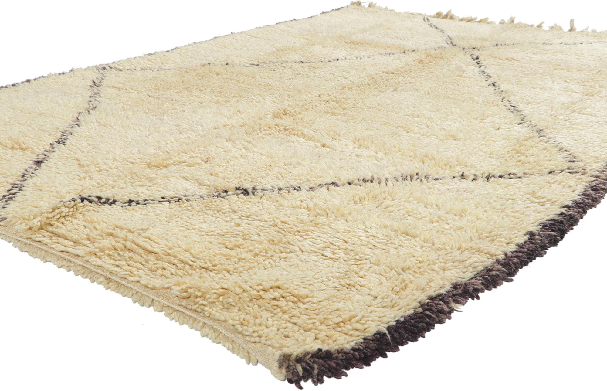 78398 Vintage Moroccan Beni Ourain Rug 05'02 x 07'11. With its simplicity, plush pile, incredible detail and texture, this hand knotted wool vintage Beni Ourain Moroccan rug is a captivating vision of woven beauty. It features a single diamond with