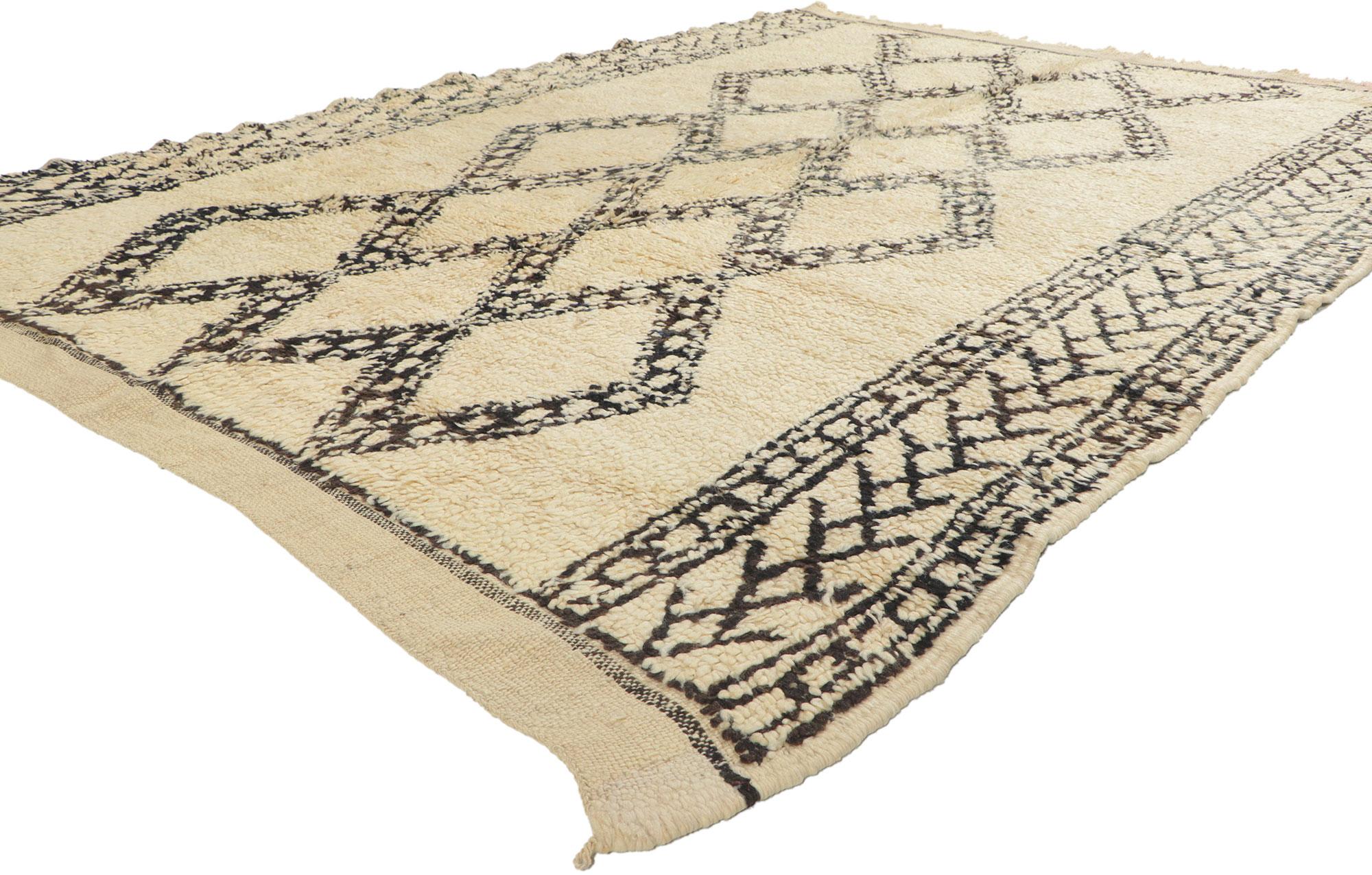 78396 Vintage Moroccan Beni Ourain rug, 05'11 x 08'00. With its simplicity, plush pile, incredible detail and texture, this hand knotted wool vintage Beni Ourain Moroccan rug is a captivating vision of woven beauty. The eye-catching diamond trellis