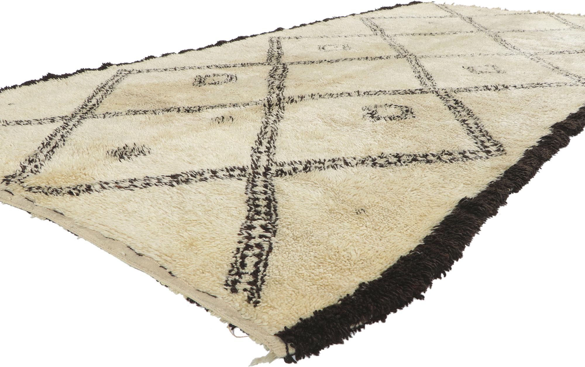 78388 Vintage Moroccan Beni Ourain rug, 06'00 x 11'11. With its simplicity, plush pile, incredible detail and texture, this hand knotted wool vintage Beni Ourain Moroccan rug is a captivating vision of woven beauty. The eye-catching diamond trellis