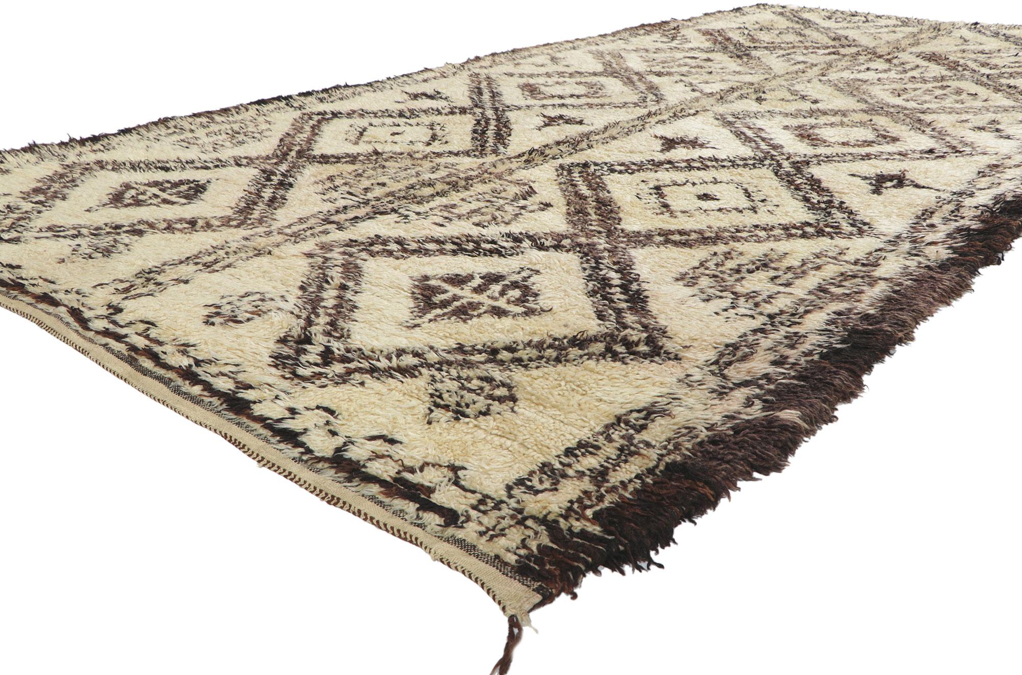 78387 Vintage Moroccan Beni Ourain rug, 06'00 x 12'09. With its simplicity, plush pile, incredible detail and texture, this hand knotted wool vintage Beni Ourain Moroccan rug is a captivating vision of woven beauty. The eye-catching diamond trellis