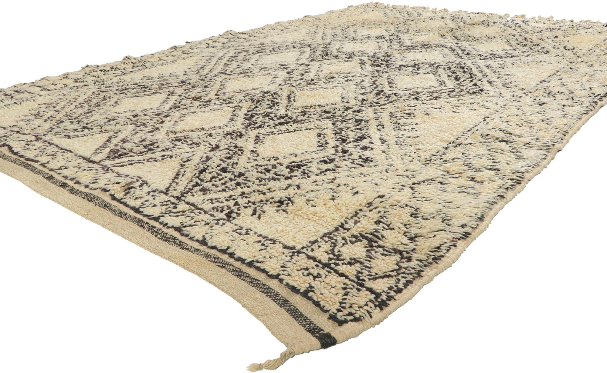 78385 Vintage Moroccan Beni Ourain rug, 06'01 x 09'09. With its simplicity, plush pile, incredible detail and texture, this hand knotted wool vintage Beni Ourain Moroccan rug is a captivating vision of woven beauty. The eye-catching diamond trellis