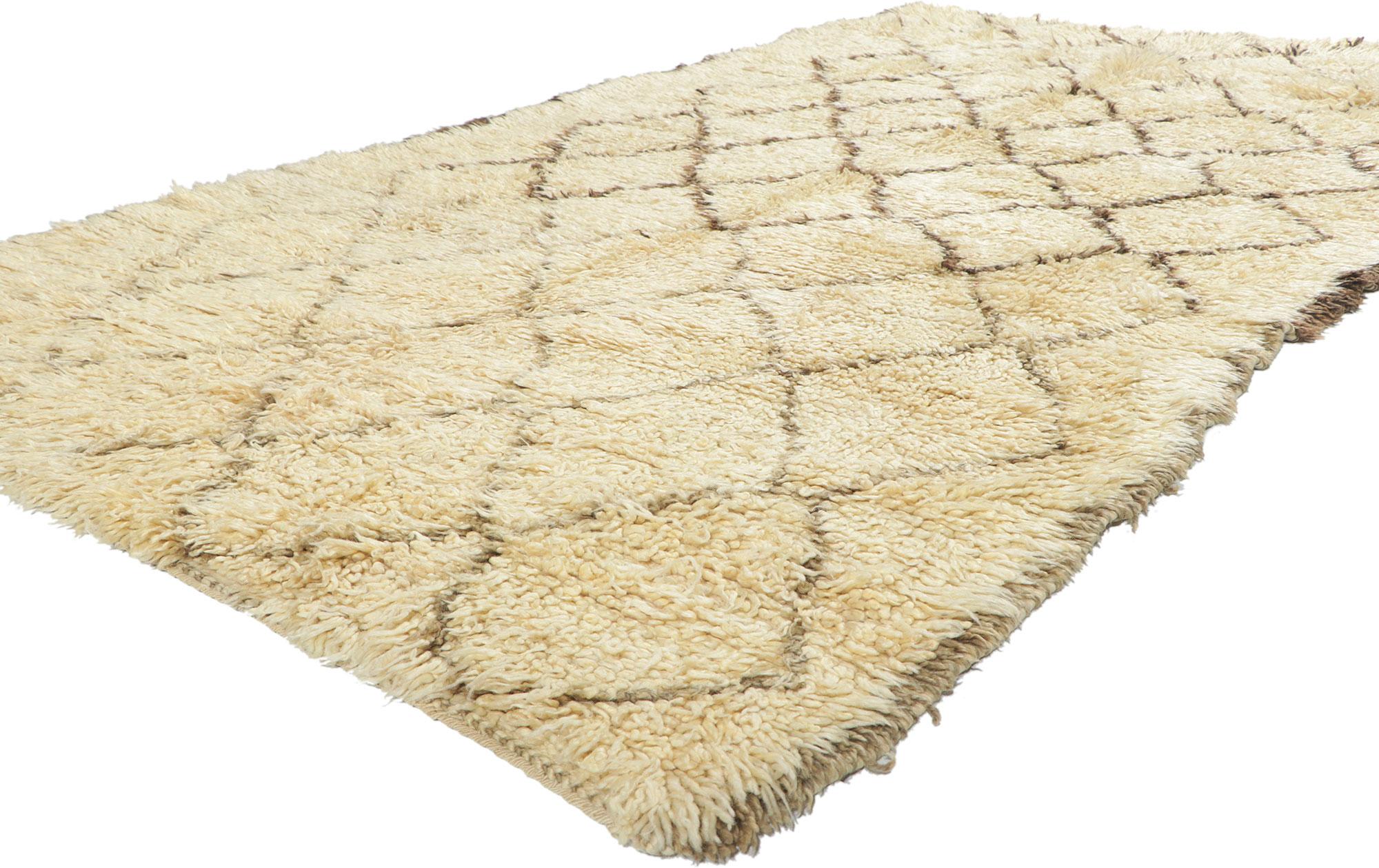 78383 Vintage Moroccan Beni Ourain rug, 05'03 x 09'08. With its simplicity, plush pile, incredible detail and texture, this hand knotted wool vintage Beni Ourain Moroccan rug is a captivating vision of woven beauty. The eye-catching diamond trellis