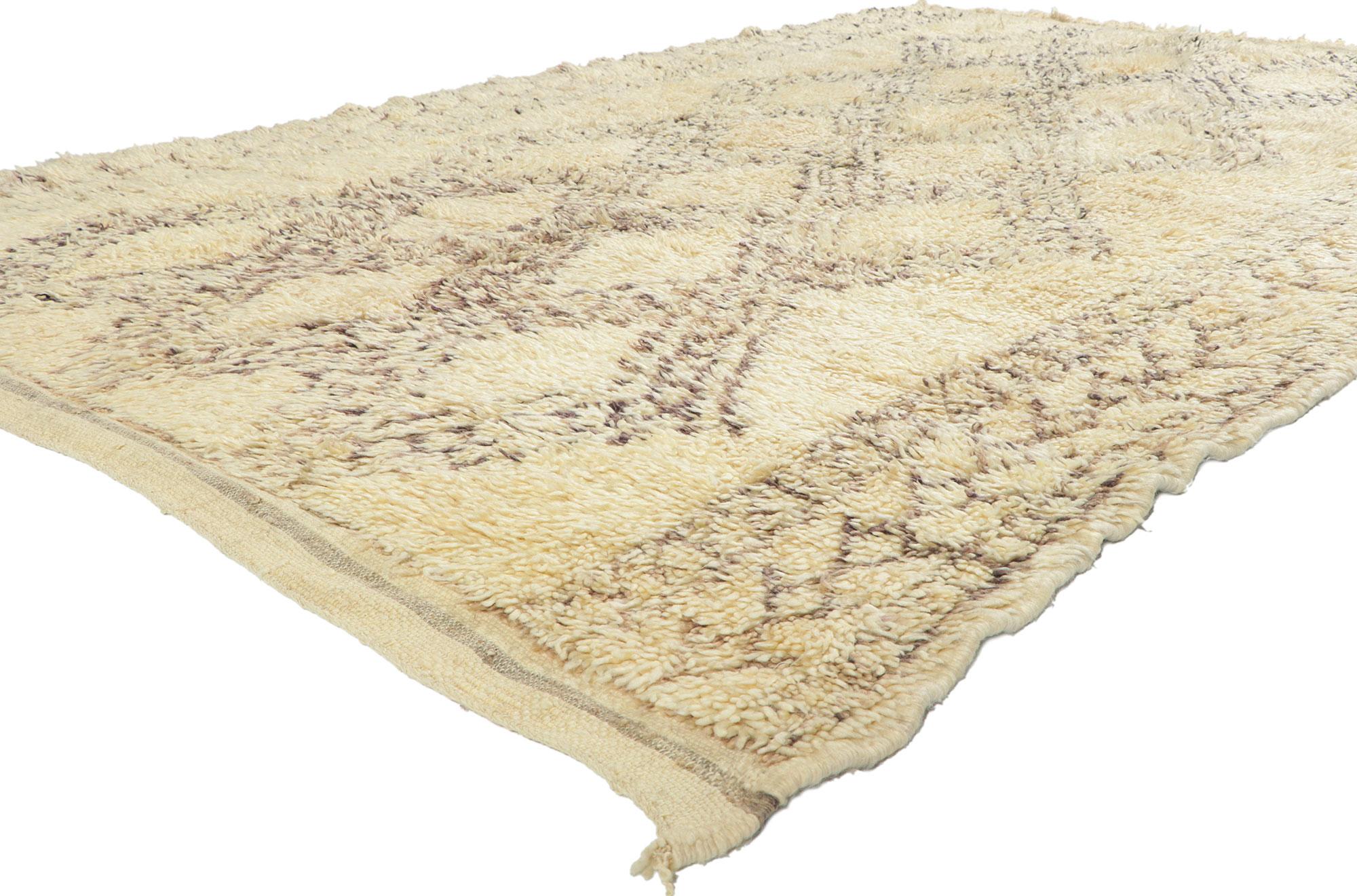 78379 Vintage Moroccan Beni Ourain Rug, 06'03 x 09'00. With its Midcentury Modern style, incredible detail and texture, this hand knotted wool vintage Beni Ourain Moroccan rug is a captivating vision of woven beauty. The eye-catching diamond trellis