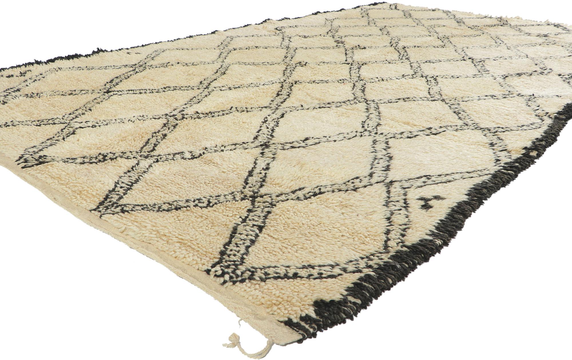 78376 Vintage Moroccan Beni Ourain Rug, 06'01 x 11'02. With its Midcentury Modern style, incredible detail and texture, this hand knotted wool vintage Beni Ourain Moroccan rug is a captivating vision of woven beauty. The eye-catching diamond trellis