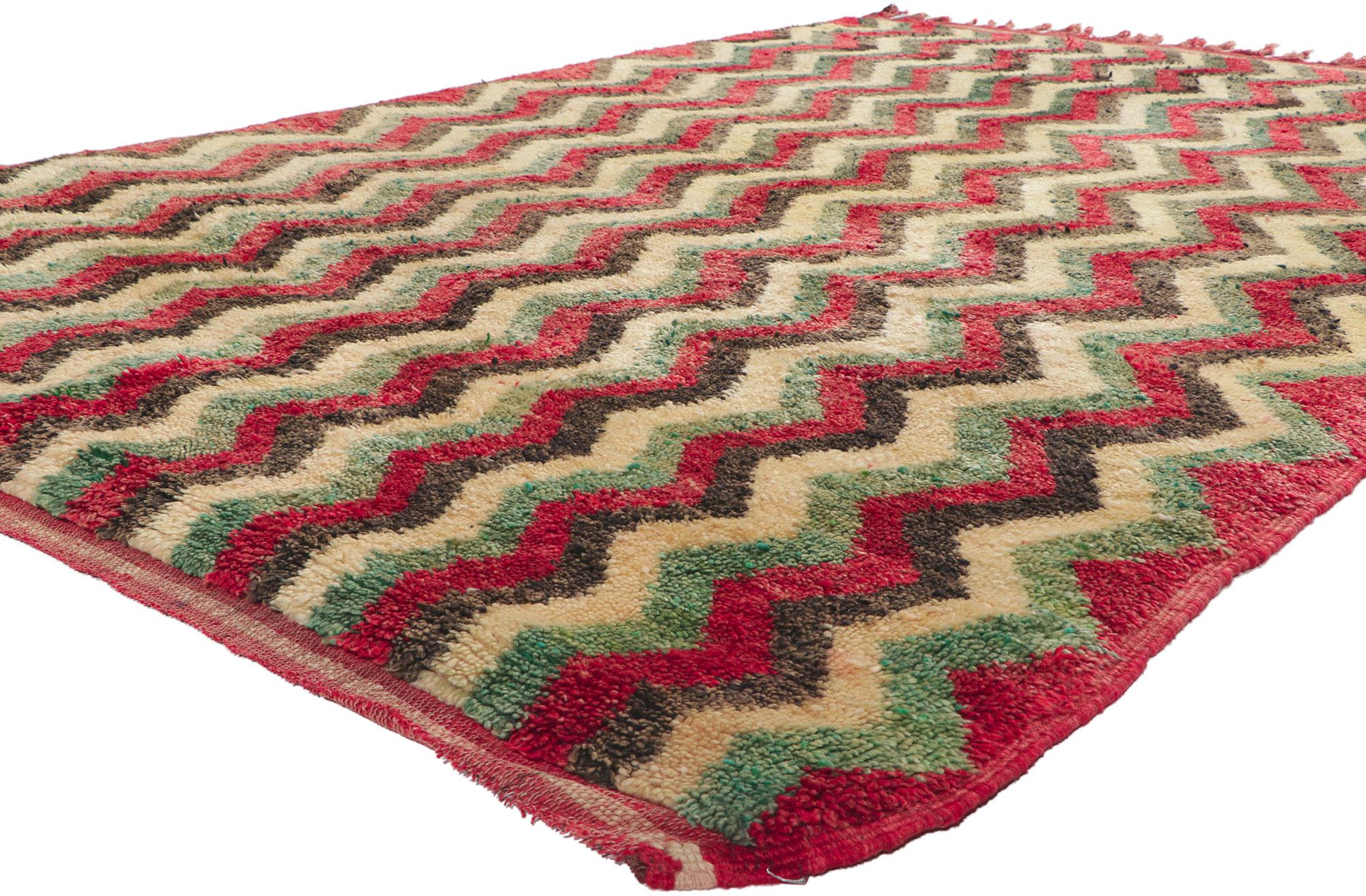 78375 vintage Moroccan Beni Ourain rug, 06'10 x 10'00. With its plush pile, incredible detail and texture, this hand knotted wool vintage Moroccan Beni Ourain rug is a captivating vision of woven beauty. The eye-catching chevron pattern and lively