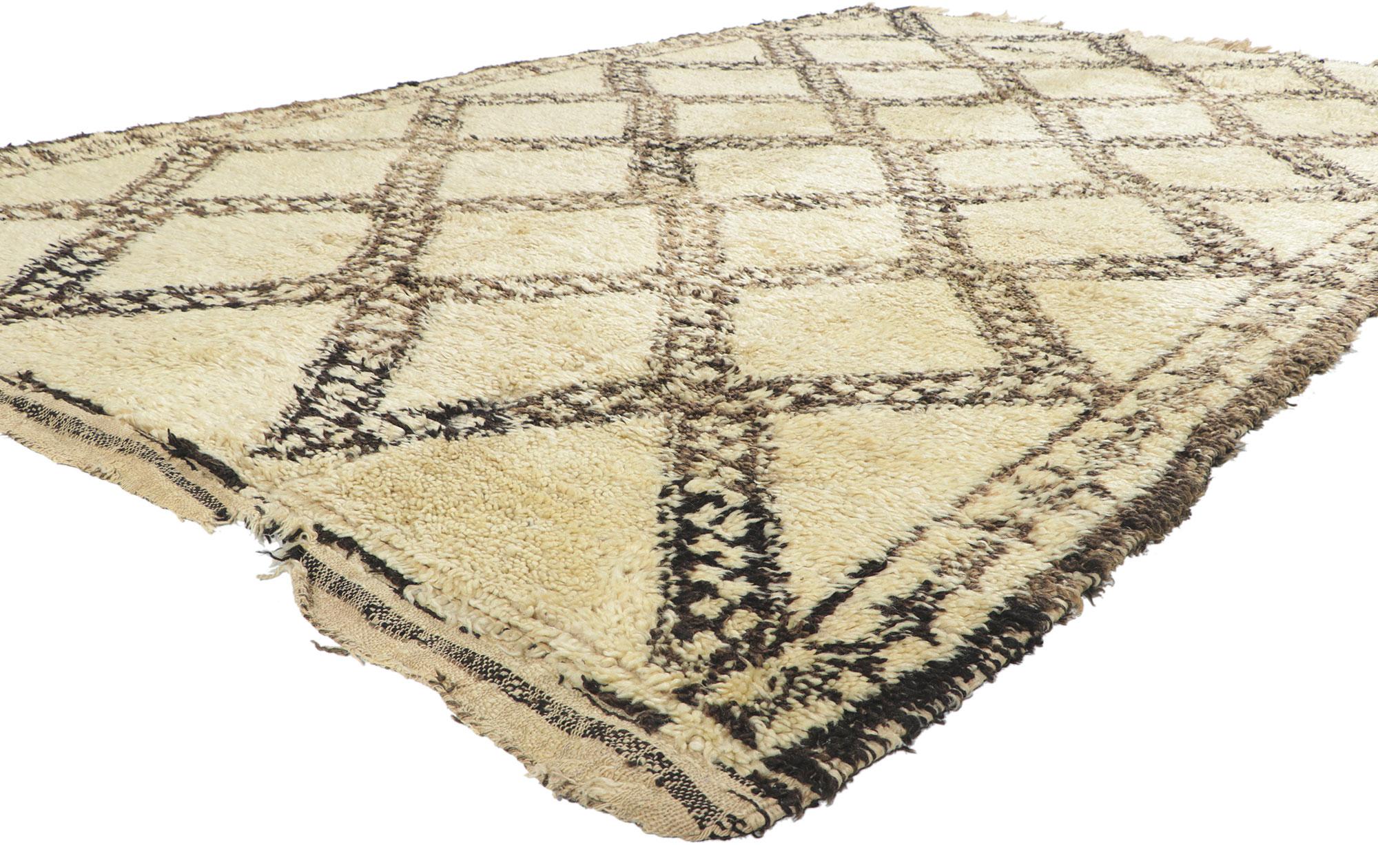 78374 Vintage Moroccan Beni Ourain Rug, 06'09 x 10'07. With its Mid-Century Modern style, incredible detail and texture, this hand knotted wool vintage Beni Ourain Moroccan rug is a captivating vision of woven beauty. The eye-catching diamond