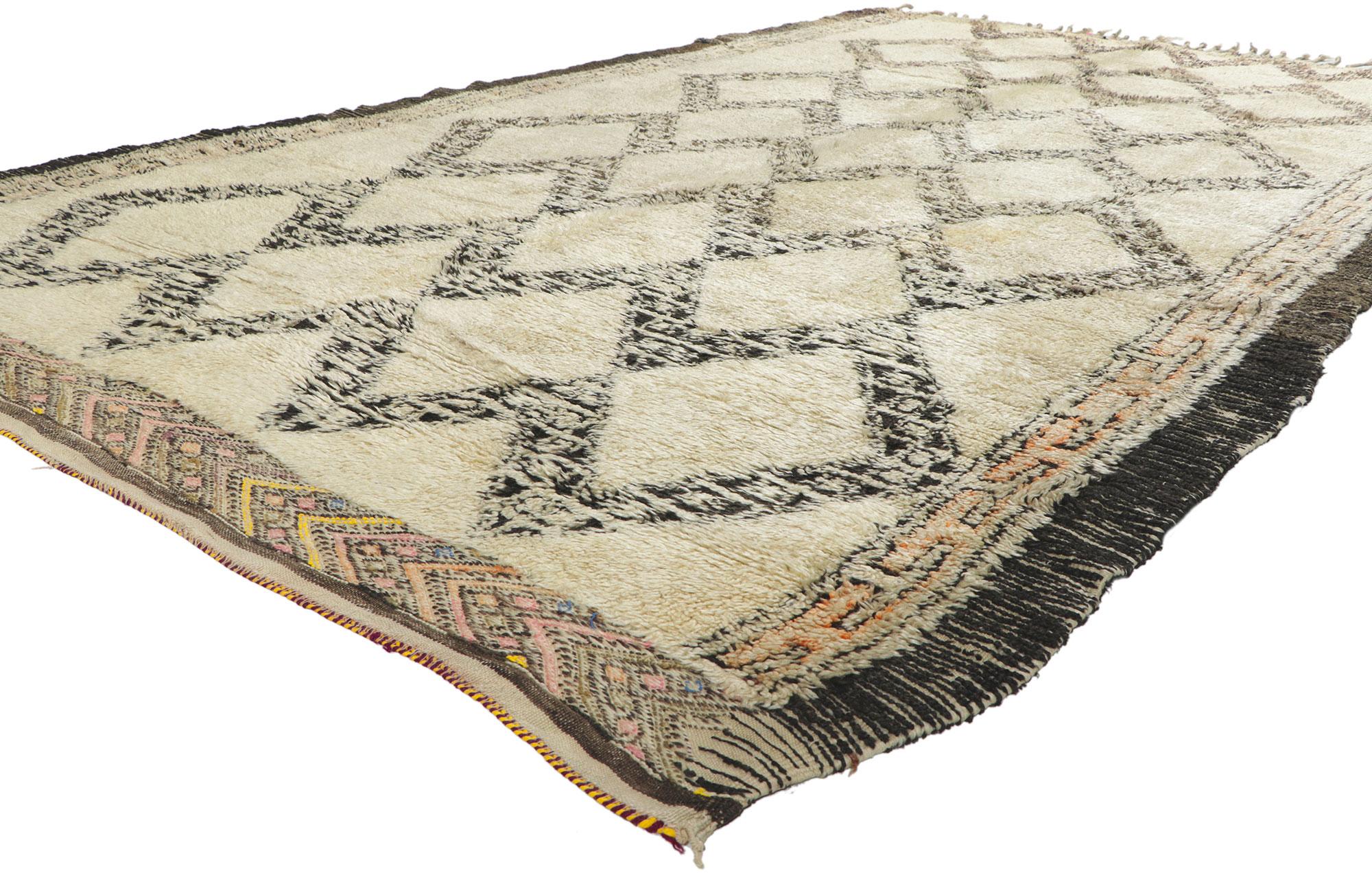 78372 vintage Moroccan Beni Ourain rug, 06'05 x 10'10. With its Midcentury Modern style, incredible detail and texture, this hand knotted wool vintage Beni Ourain Moroccan rug is a captivating vision of woven beauty. The eye-catching diamond trellis