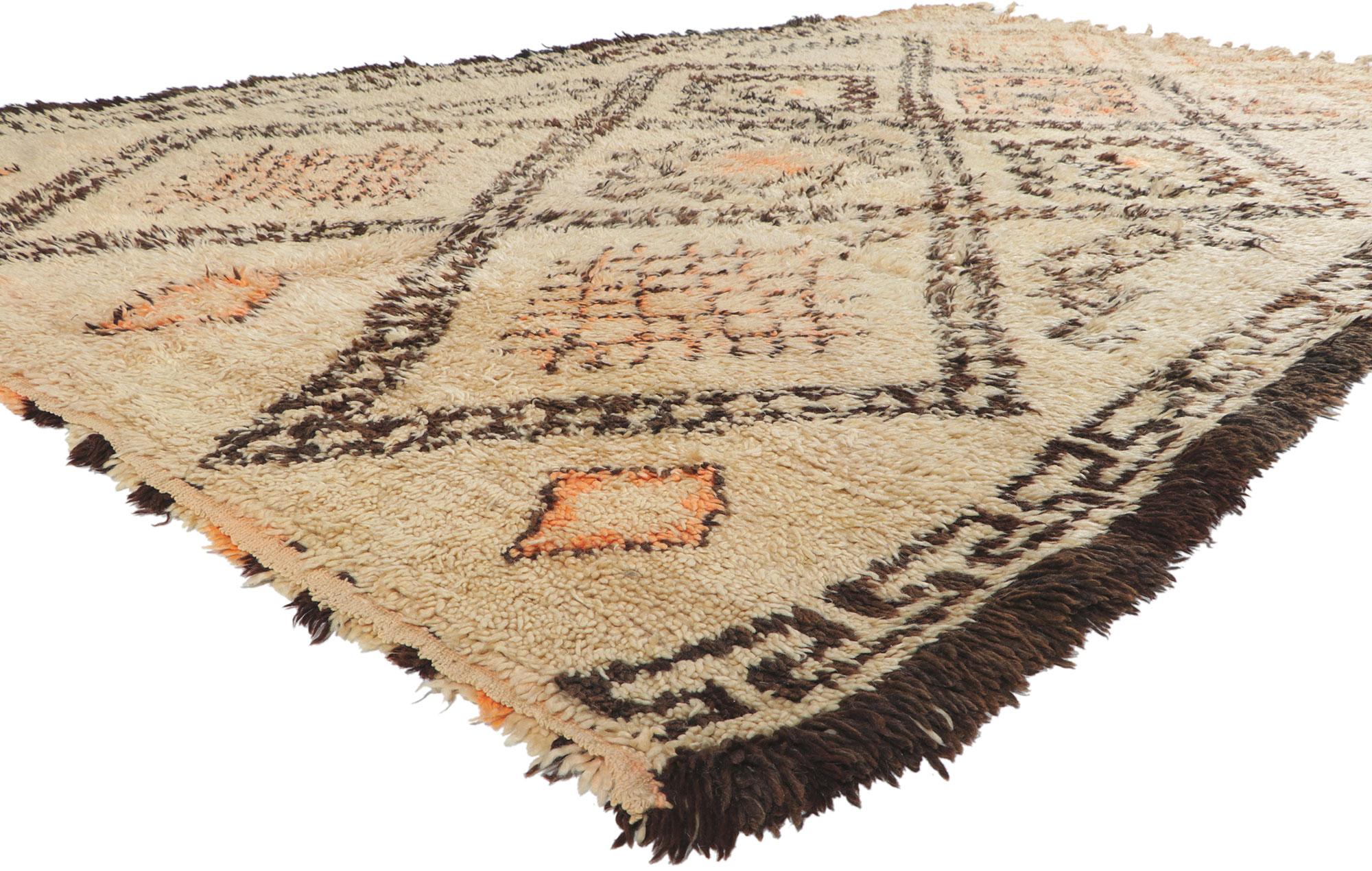 78365 vintage Moroccan Beni Ourain rug 07'04 x 13'00. With its nomadic charm, plush pile, incredible detail and texture, this hand knotted wool vintage Beni Ourain Moroccan rug is a captivating vision of woven beauty. The eye-catching diamond