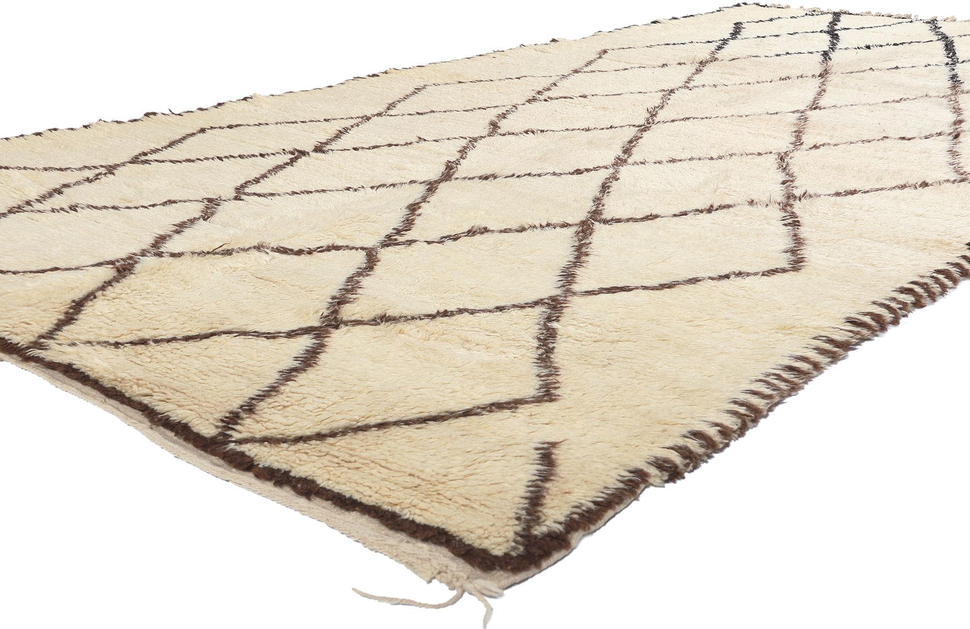 21356 Vintage Beni Ourain Moroccan Rug, 05'08 x 10'08. Originating from the Beni Ourain tribe, an integral part of the broader Berber ethnic group in Morocco, these Moroccan rugs are meticulously crafted using natural, undyed sheep's wool,