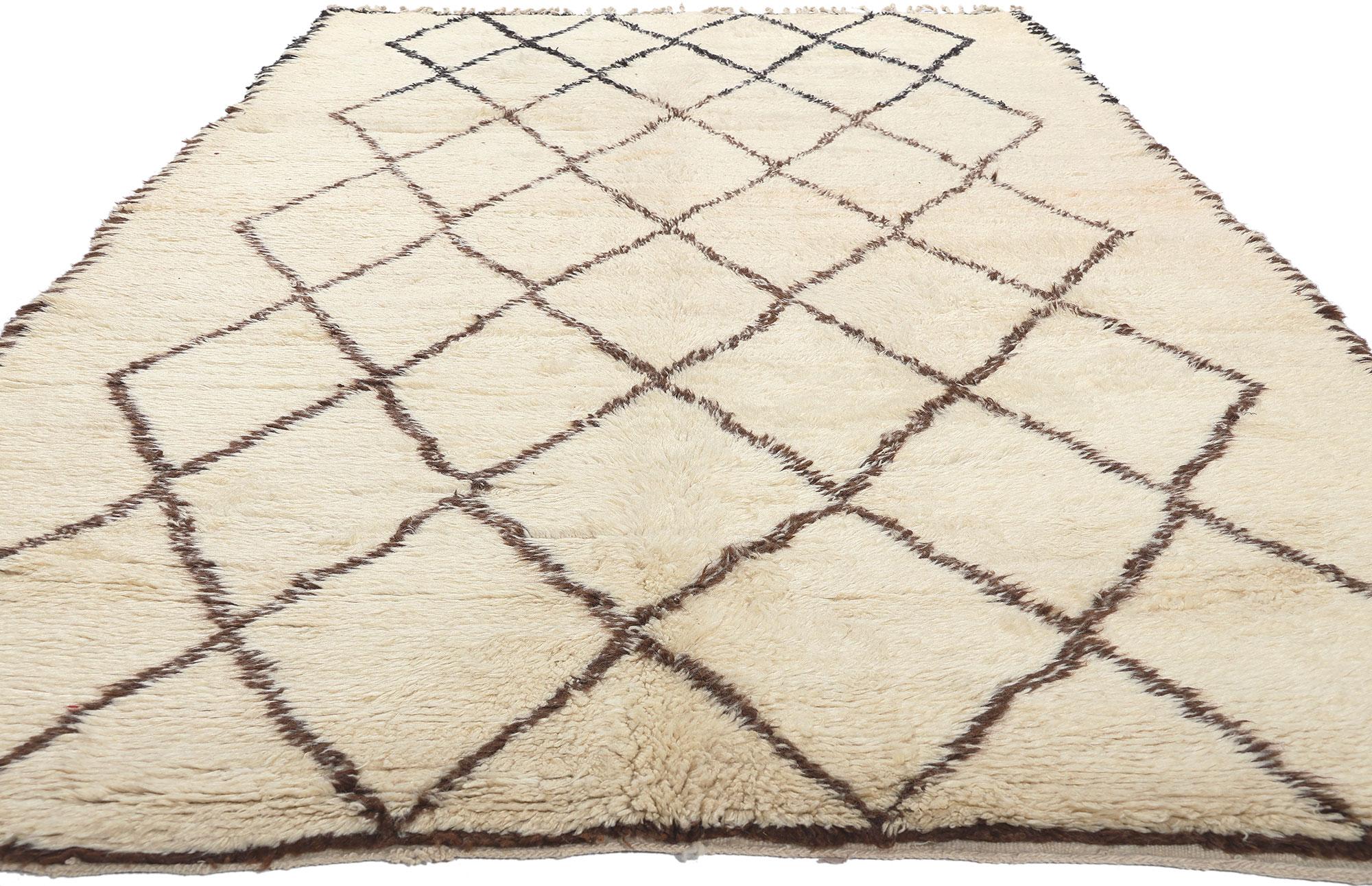 Hand-Knotted Vintage Moroccan Beni Ourain Rug, Mid-Century Modern Style Meets Shibui For Sale