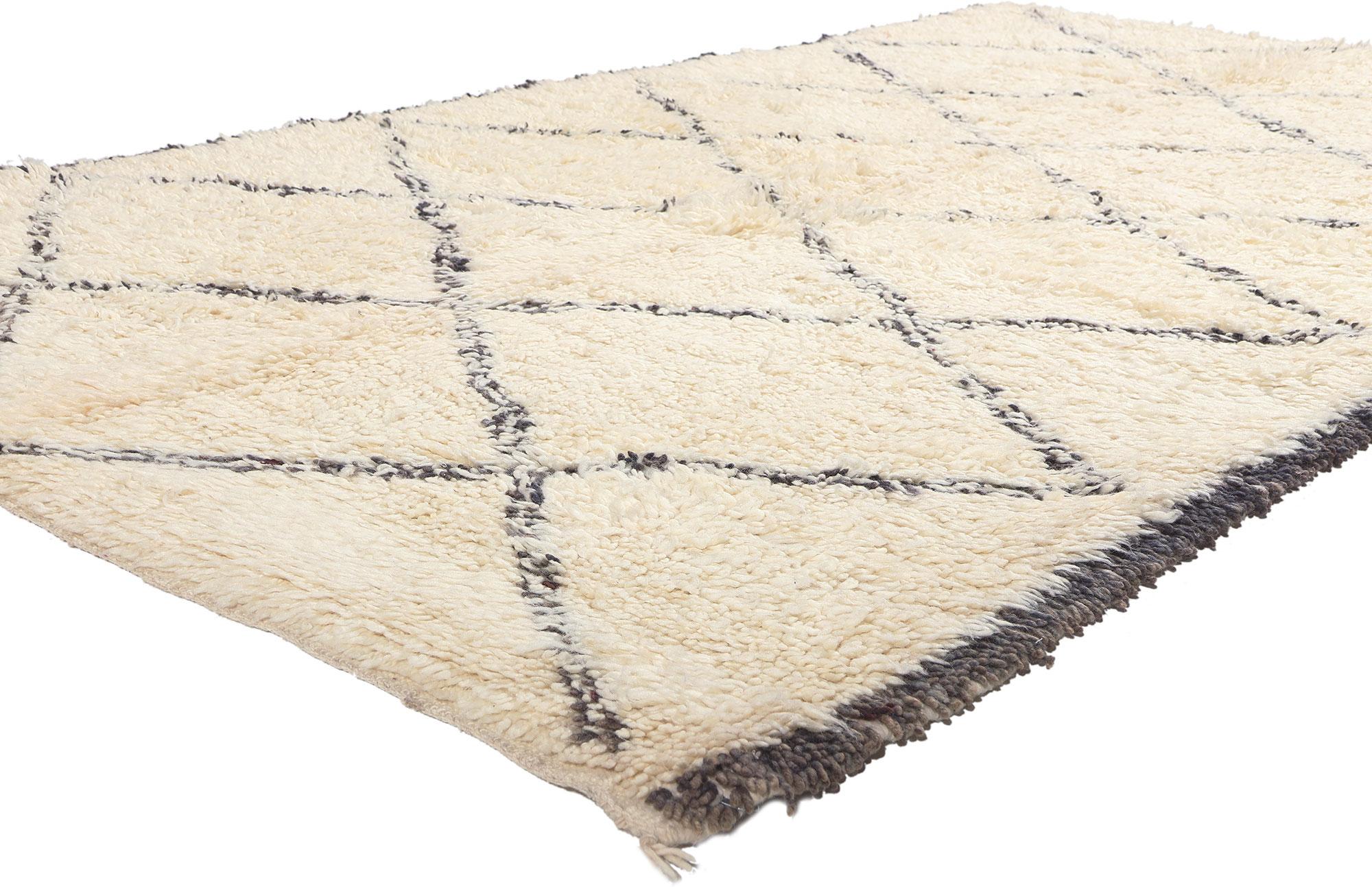 20655 Vintage Moroccan Beni Ourain Rug, 05'07 x 09'09. Originating from the Beni Ourain tribe, an integral part of the broader Berber ethnic group in Morocco, these Moroccan rugs are meticulously crafted using natural, undyed sheep's wool,
