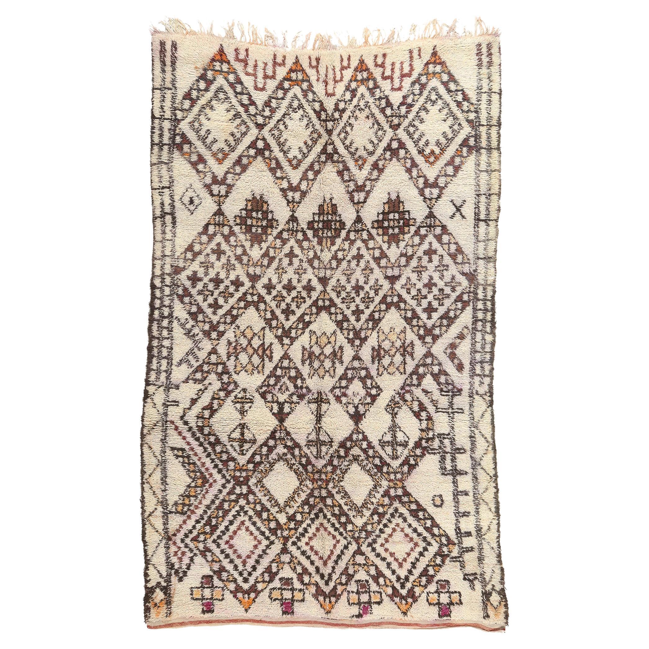 Vintage Moroccan Beni Ourain Rug, Midcentury Modern Meets Nomadic Charm For Sale