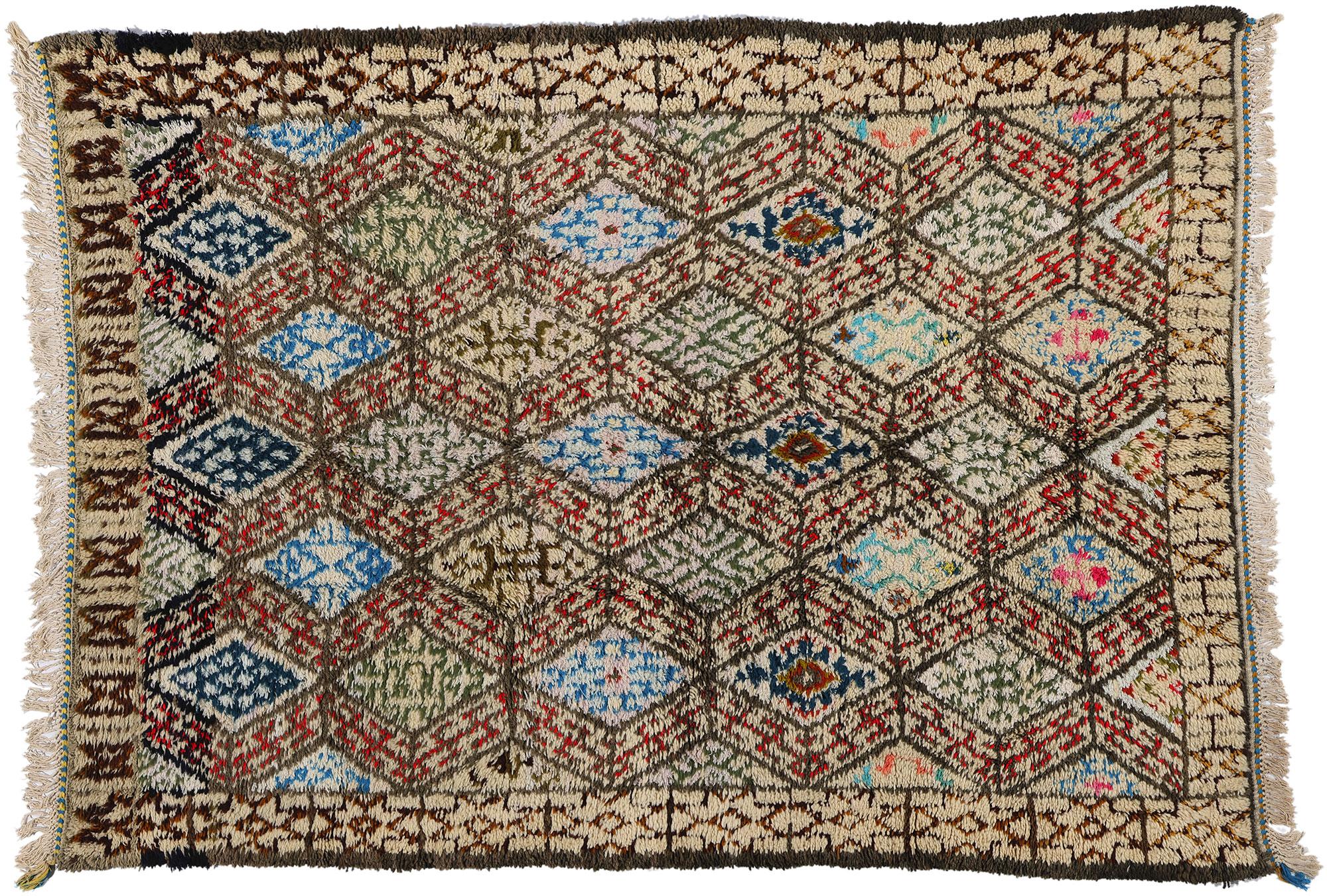 Vintage Moroccan Beni Ourain Rug, Midcentury Modern Meets Tribal Enchantment For Sale 3