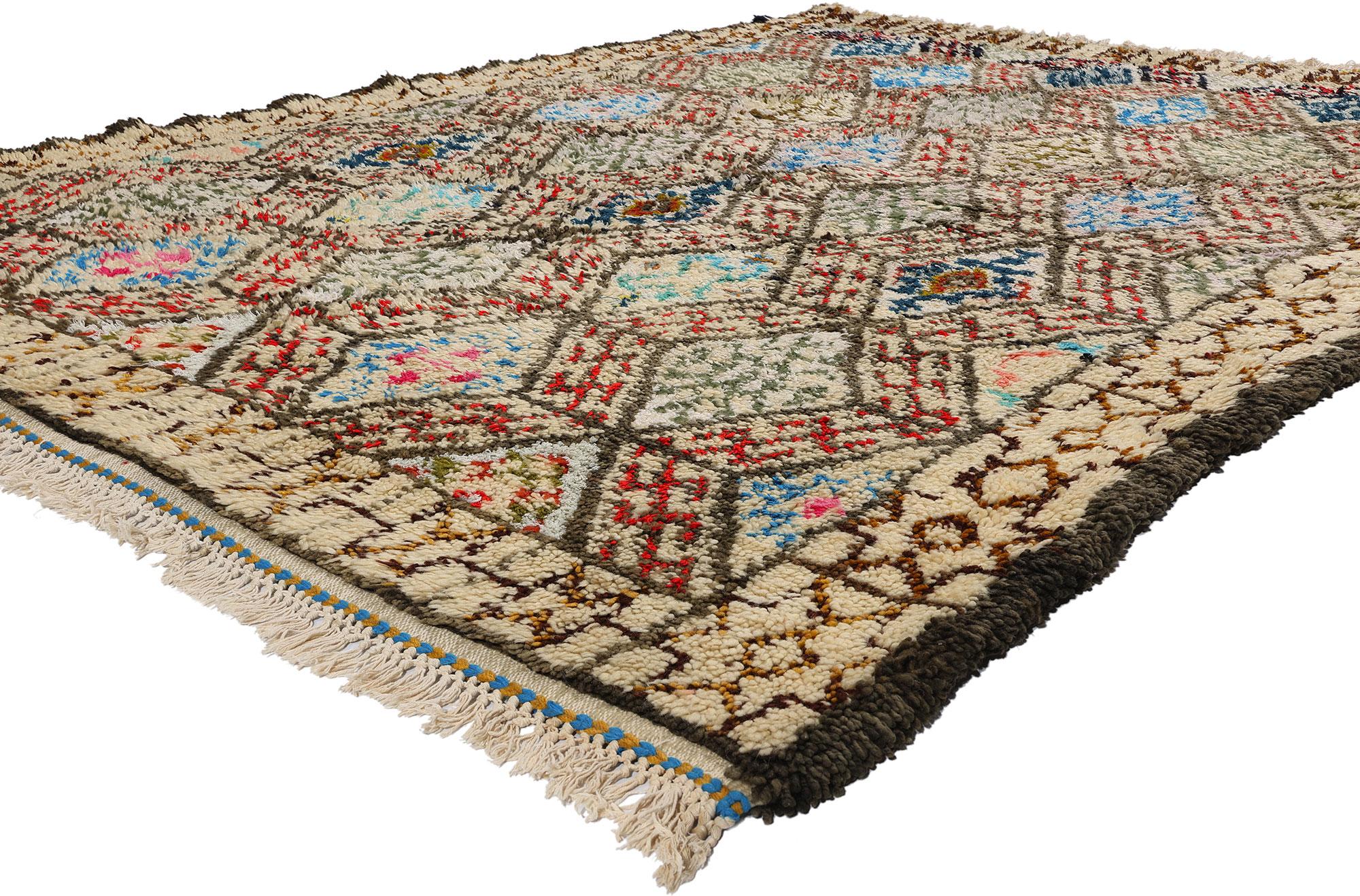 21775 Vintage Moroccan Beni Ourain Rug, 06'01 x 08'06. Emerging from the esteemed Beni Ourain tribe in Morocco, these intricately crafted rugs pay homage to tradition with steadfast attention to detail, employing untreated sheep's wool to imbue