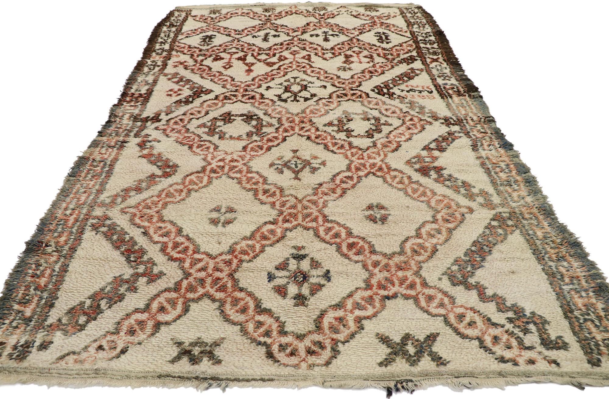 21382 Vintage Berber Moroccan Beni Ourain Rug, 05'07 x 09'03. Originating from the esteemed Beni Ourain tribe in Morocco, these meticulously crafted rugs honor tradition with meticulous attention to detail, utilizing untreated sheep's wool to infuse