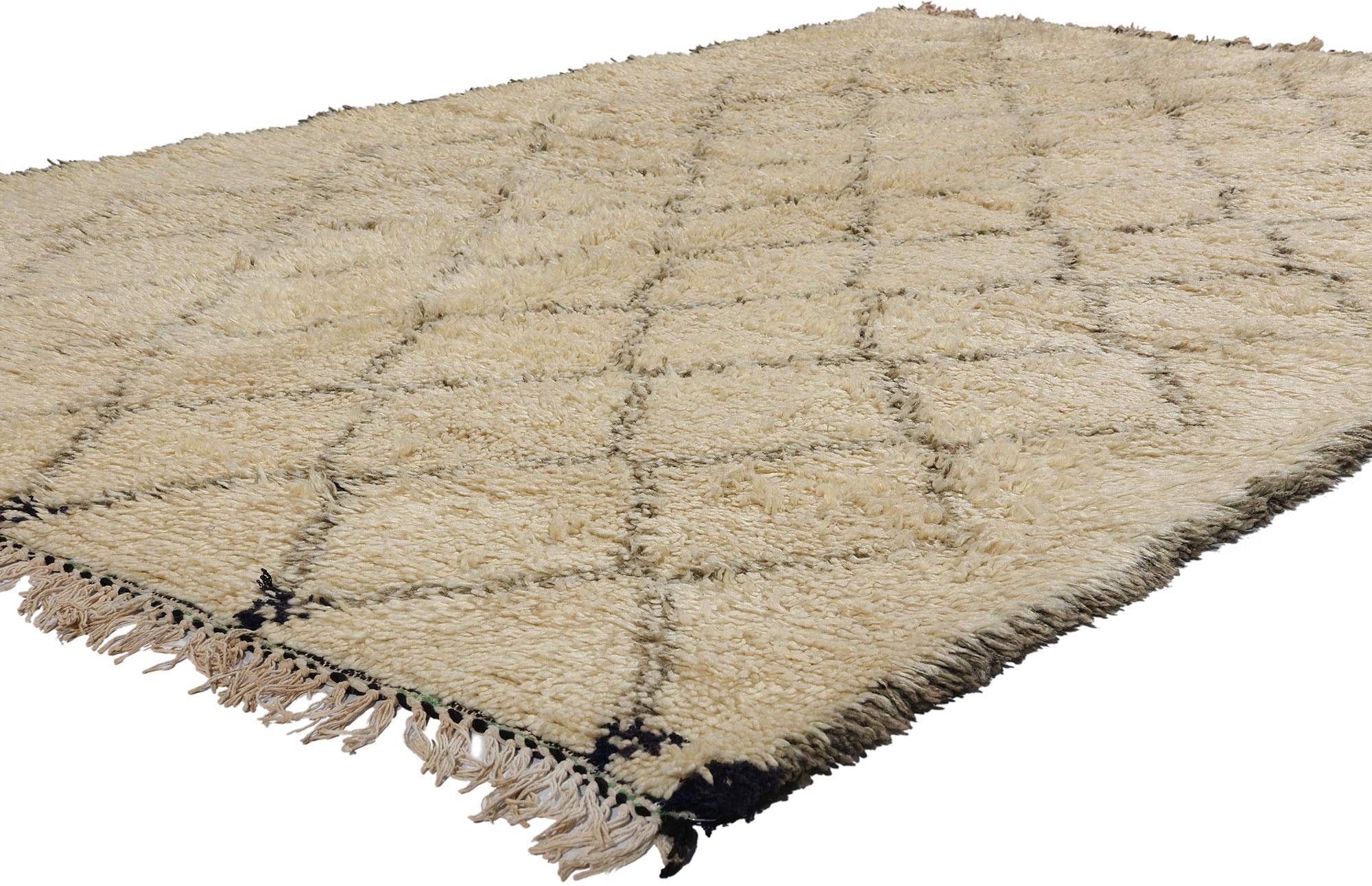 21769 Vintage Moroccan Beni Ourain Rug, 05'02 x 07'10. Hailing from the esteemed Beni Ourain tribe in Morocco, these meticulously crafted rugs pay homage to tradition with meticulous attention to detail, employing untreated sheep's wool to imbue