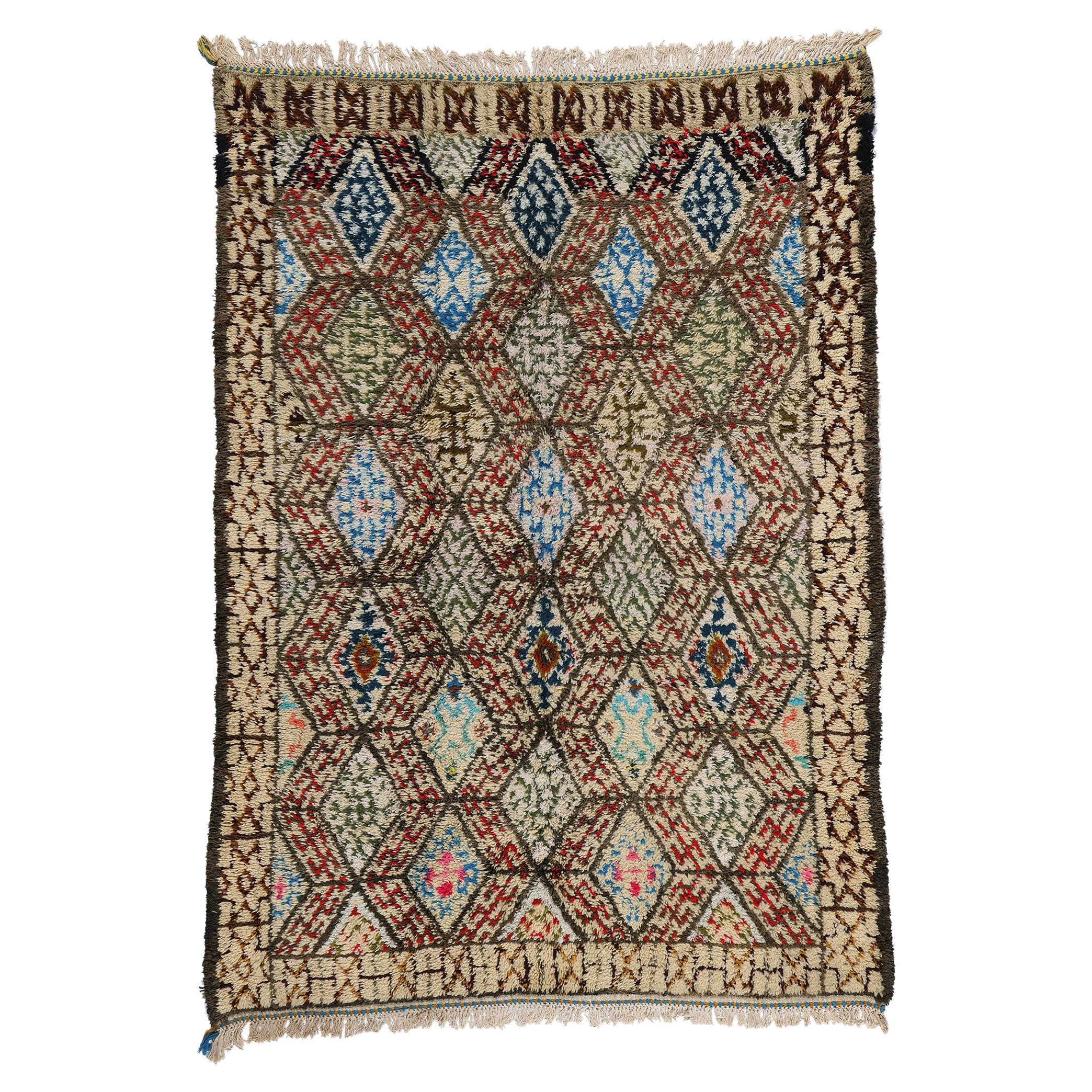 Vintage Moroccan Beni Ourain Rug, Midcentury Modern Meets Tribal Enchantment For Sale