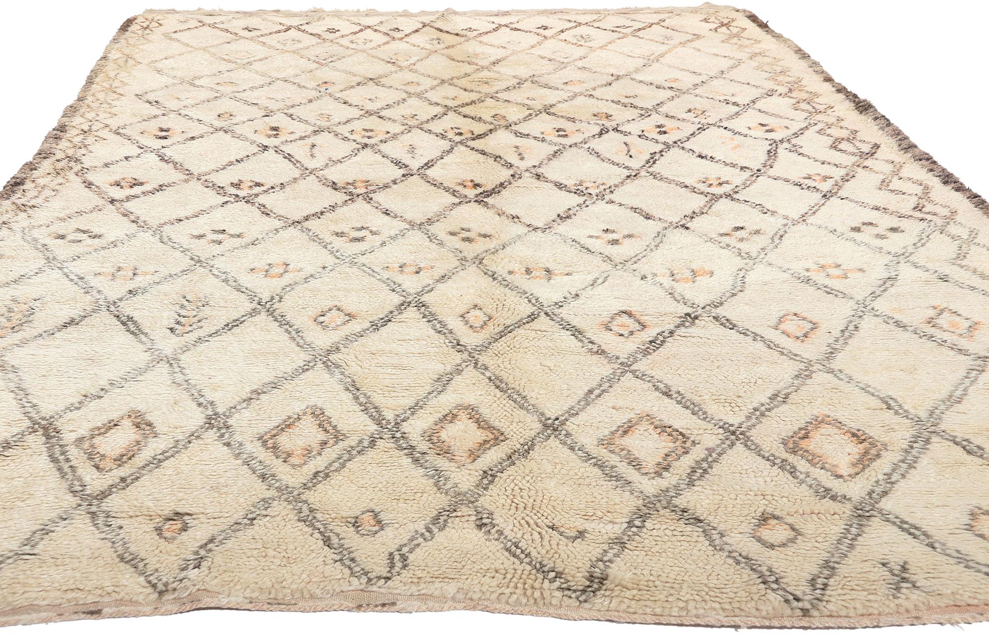 Mid-Century Modern Vintage Moroccan Beni Ourain Rug, Midcentury Modern Style Meets Shibui For Sale
