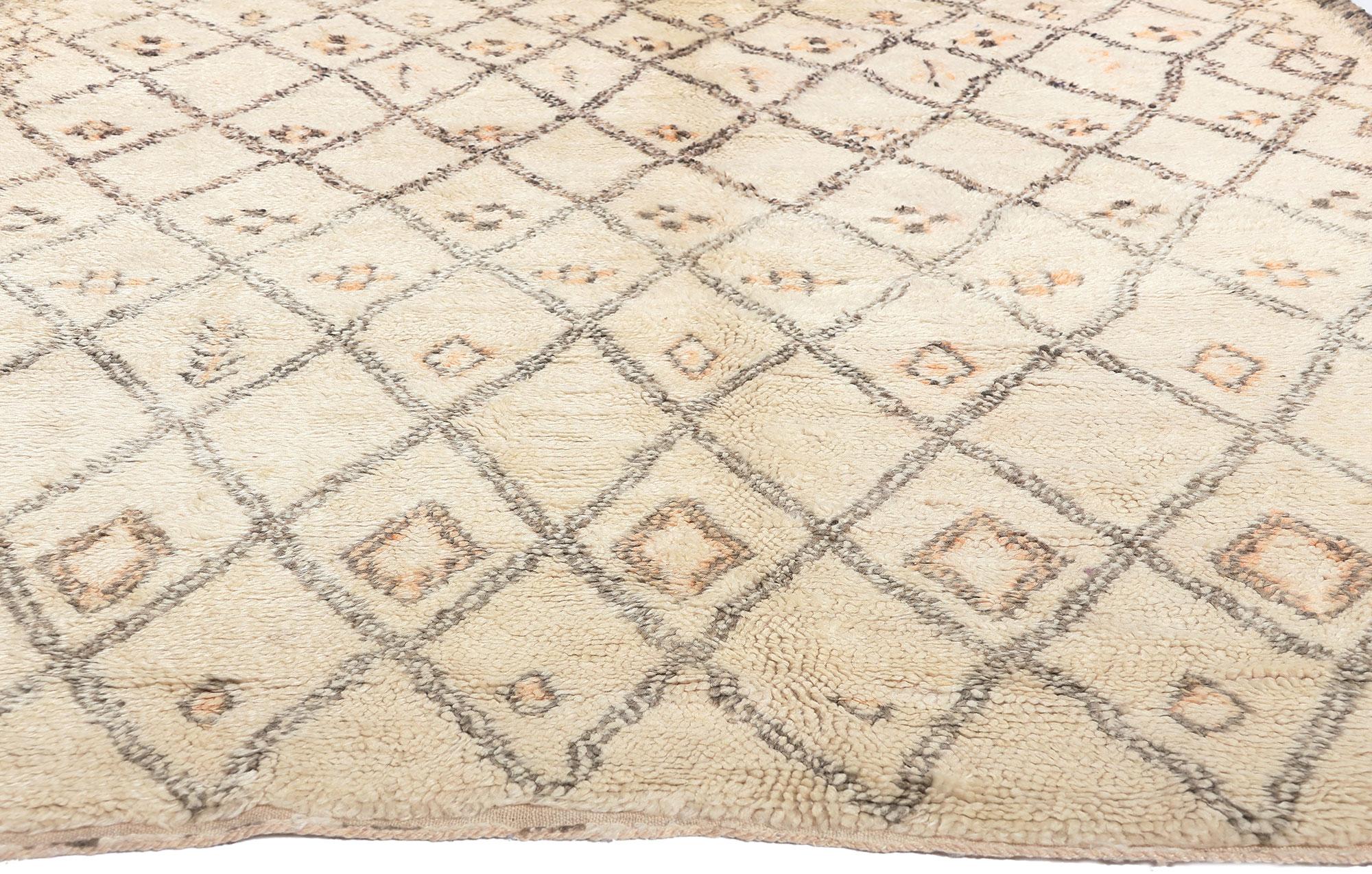Hand-Knotted Vintage Moroccan Beni Ourain Rug, Midcentury Modern Style Meets Shibui For Sale