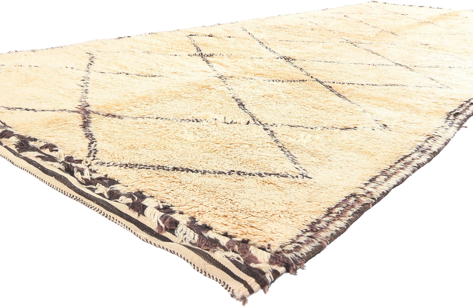 20346 Vintage Beni Ourain Moroccan Rug, 06'04 x 14'03.

In the seamless convergence of Shibui and Midcentury Modern influences, behold this meticulously hand-knotted wool vintage Moroccan Beni Ourain rug—a sublime synthesis of simplicity, enduring