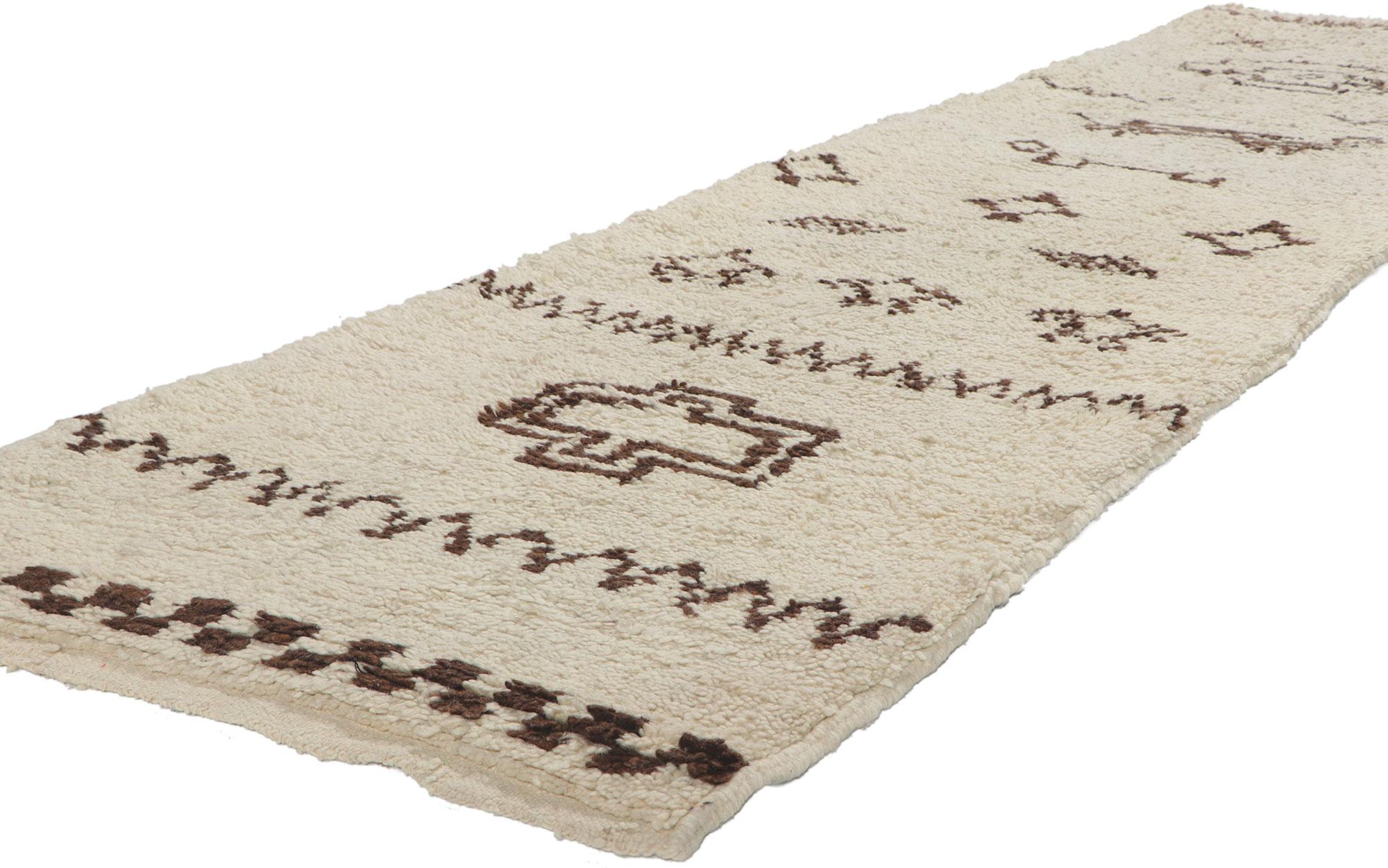 78389 Vintage Moroccan Beni Ourain runner, 02'07 x 09'05. With its simplicity, plush pile, incredible detail and texture, this hand knotted wool vintage Beni Ourain Moroccan rug is a captivating vision of woven beauty. The eye-catching diamond