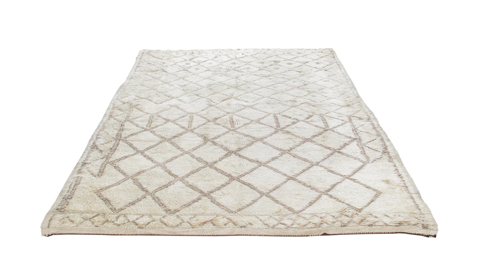 Tribal Vintage Moroccan Beni Ourani Hand Knotted Rug in Cream and Light Brown Color For Sale