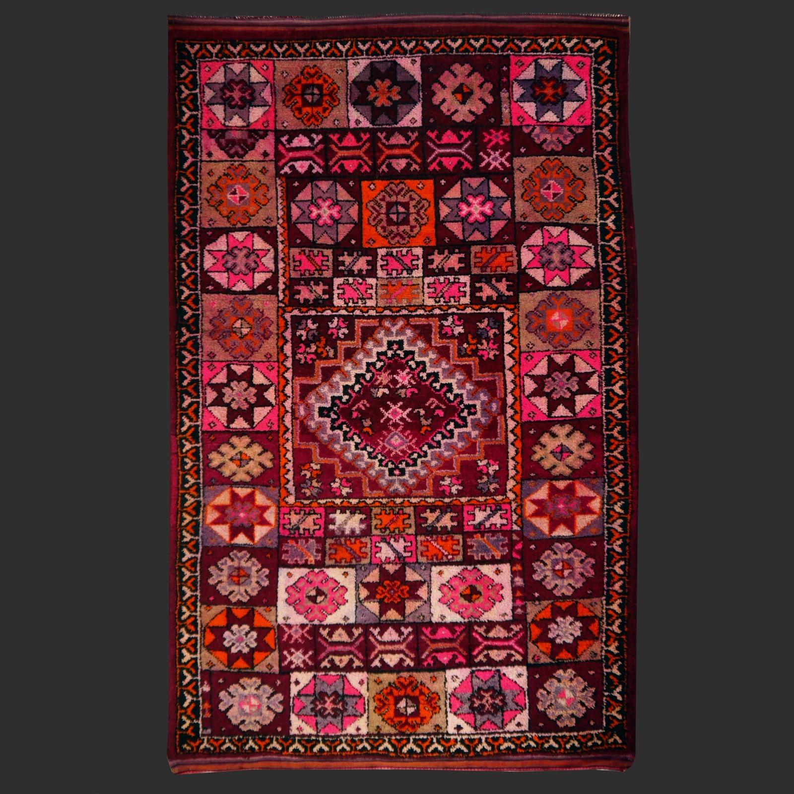 Beautiful vintage Berber carpet with extraordinary colors. Made 1960-1970 with typical color sheme of that time. High pile carpet made wool on wool foundation.