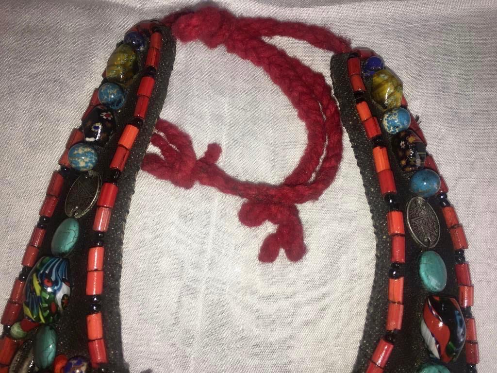 Beaded Boho Chic Vintage Moroccan Berber Collar Necklace with Tuareg Leather  For Sale