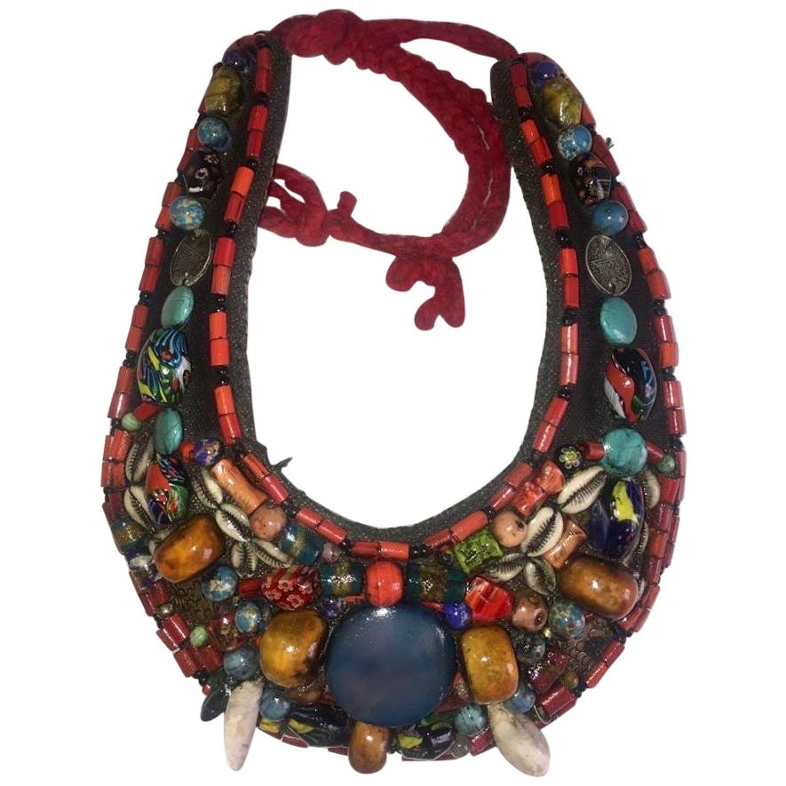 Boho Chic Vintage Moroccan Berber Collar Necklace with Tuareg Leather  For Sale