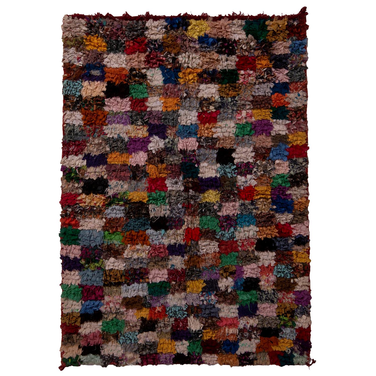 Vintage Moroccan Berber Geometric Checkerboard Multi-Color Wool Fabric Rug