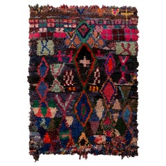 Vintage Moroccan Berber Geometric Red Blue and Black Fabric Tribal Rug