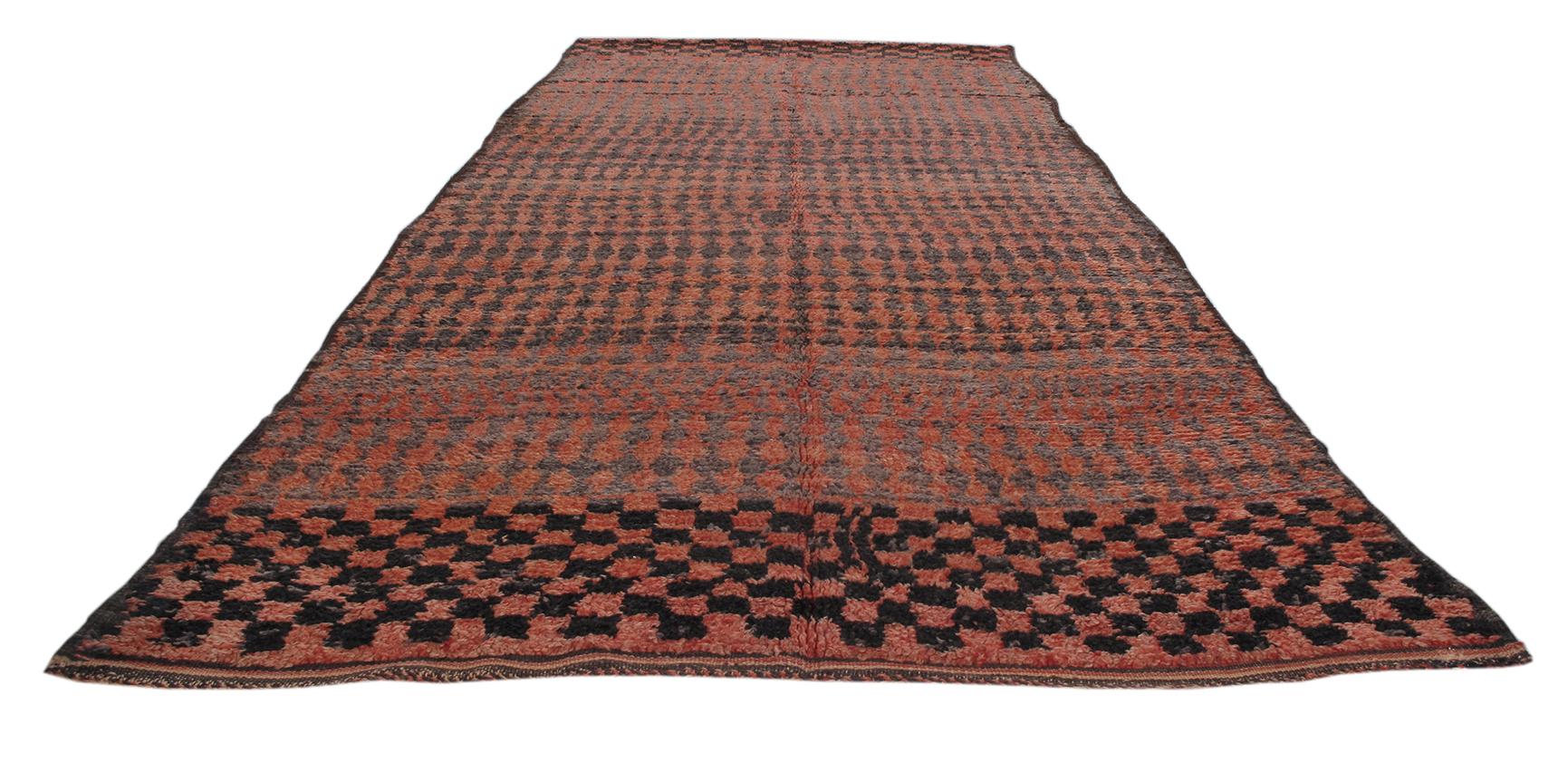Tribal Vintage Moroccan Berber Hand Knotted Rug in Red and Black Checkered Design For Sale