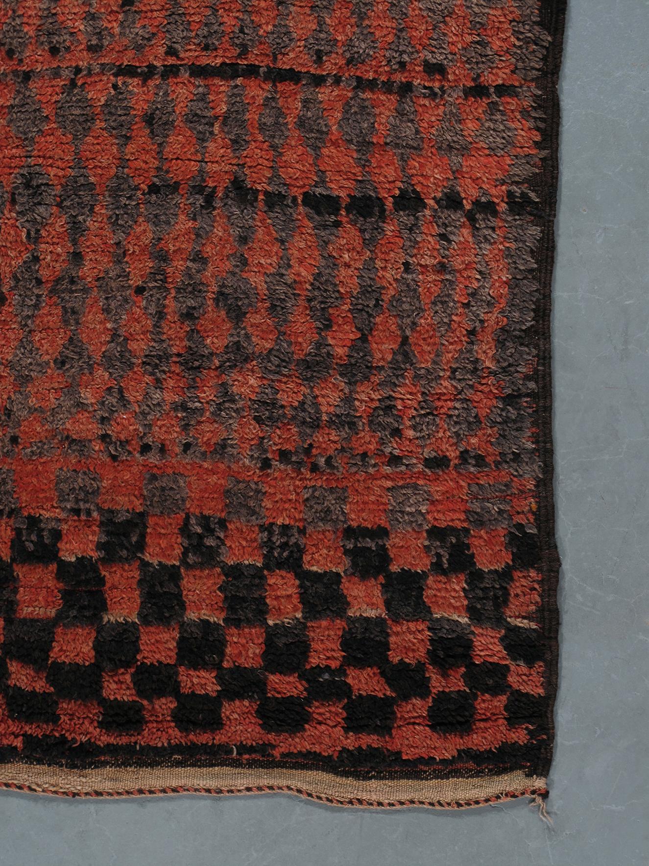 Hand-Knotted Vintage Moroccan Berber Hand Knotted Rug in Red and Black Checkered Design For Sale