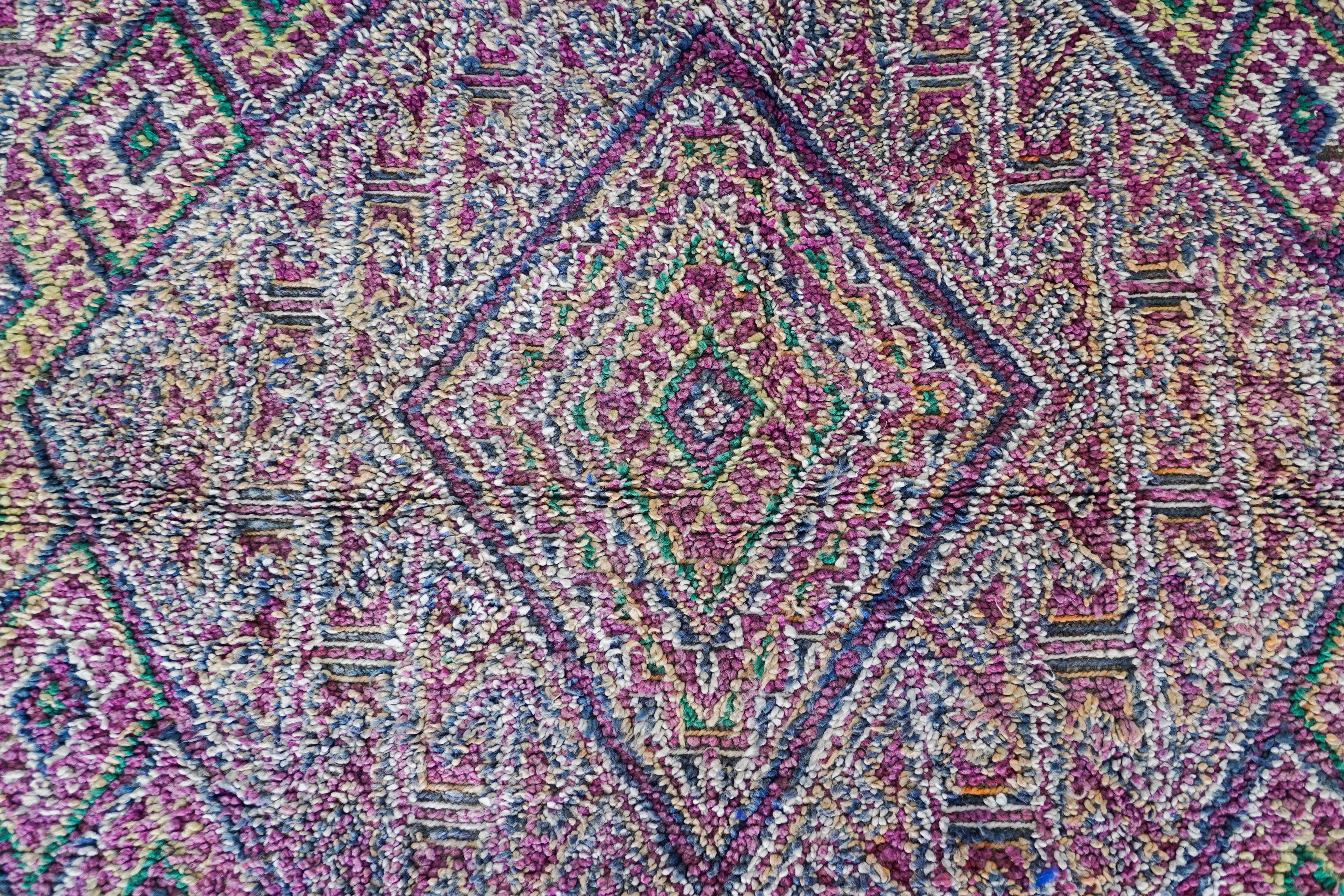 Hand-Knotted Vintage Moroccan Berber Rug from 70s  100% wool  6.4x11.5 Ft 195x350 Cm For Sale