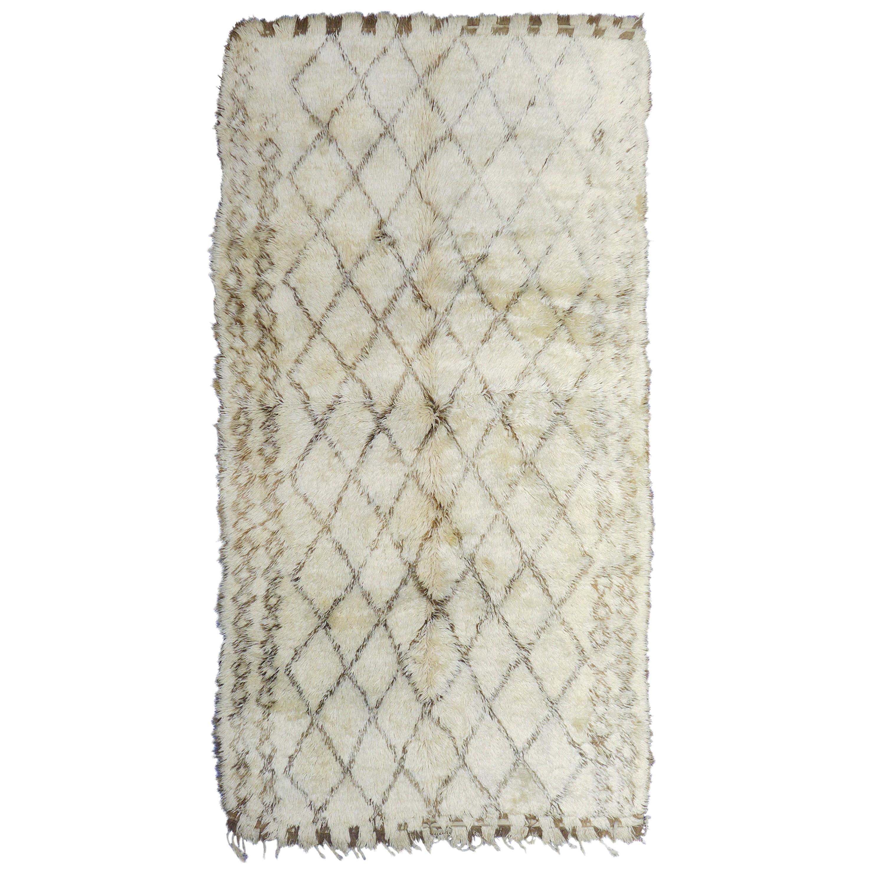 Vintage Moroccan Berber Rug with Natural Ivory Wool and Olive Color Accent For Sale