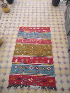 Vintage Moroccan Berber Wool Area Rug, Handwoven, Natural Red Green Blue